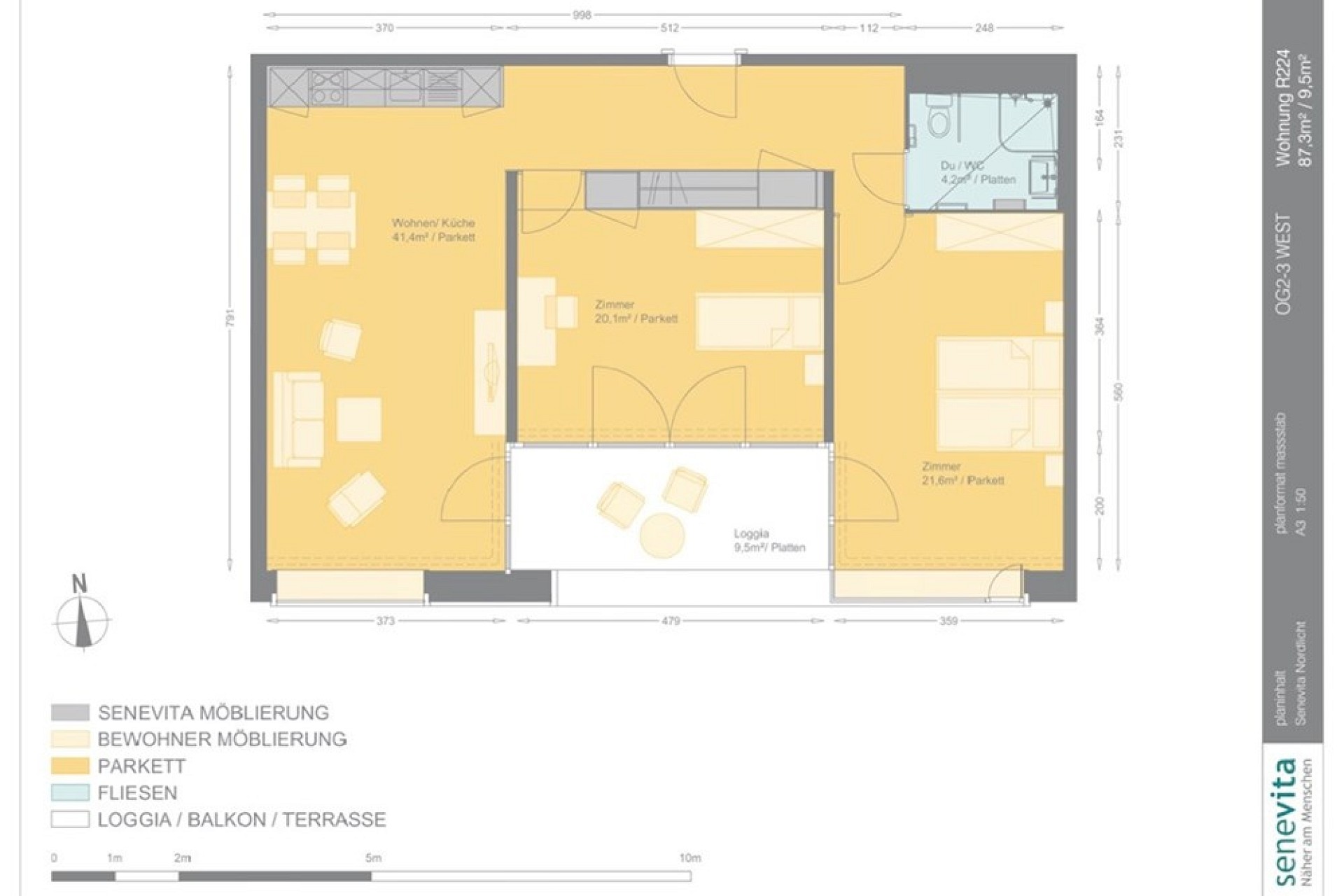 Grundriss einer 3-Zimmer-Wohnung mit Loggia