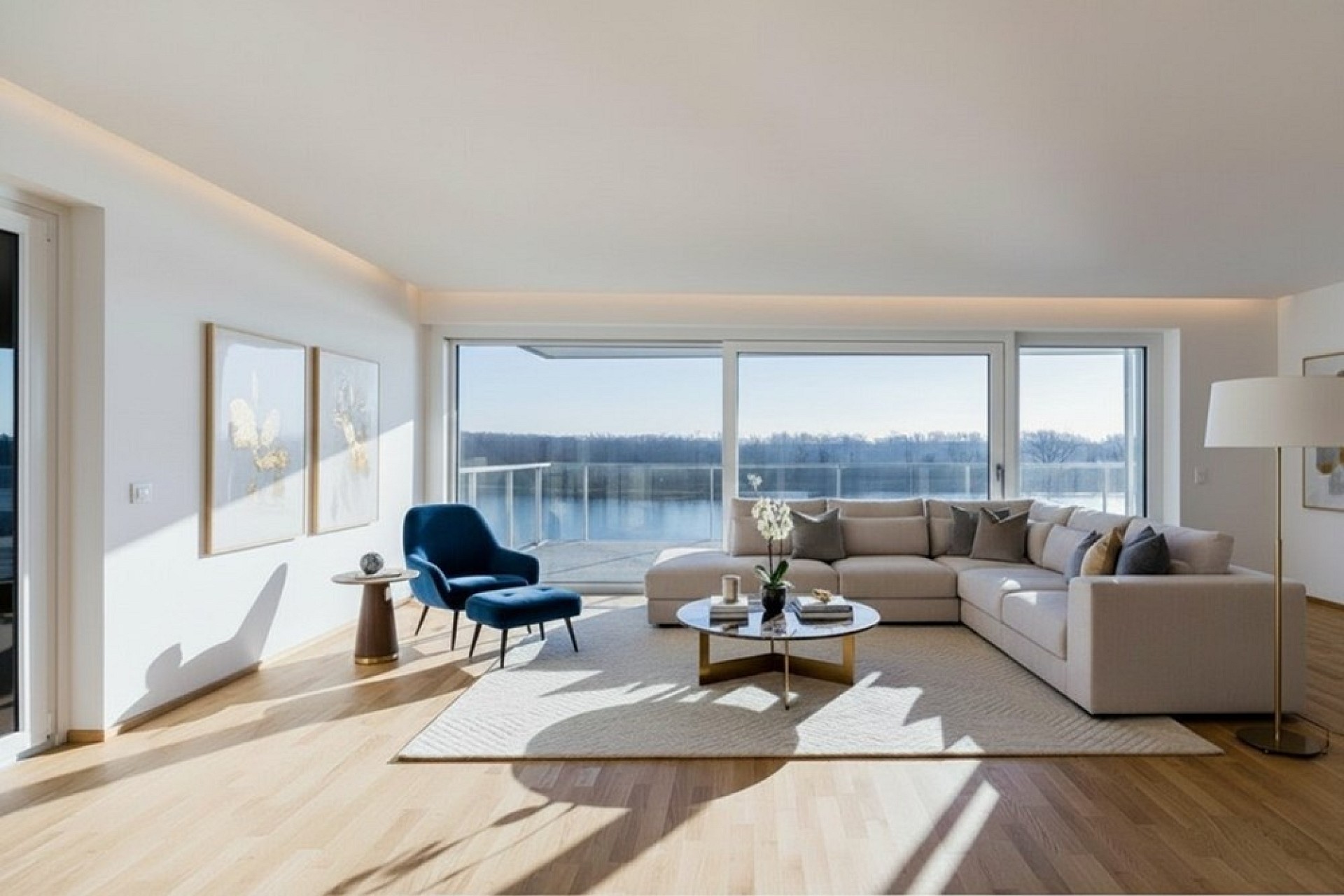 Helles, modernes Wohnzimmer mit Panoramablick