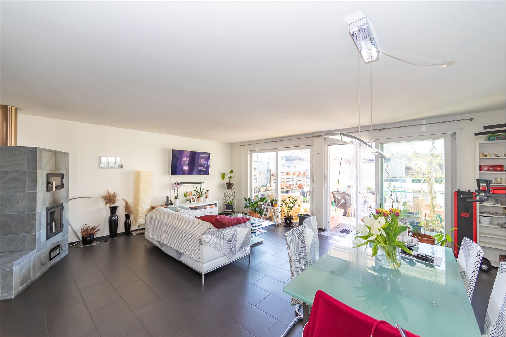 Wohn- und Essbereich mit Kamin und Terrassenzugang