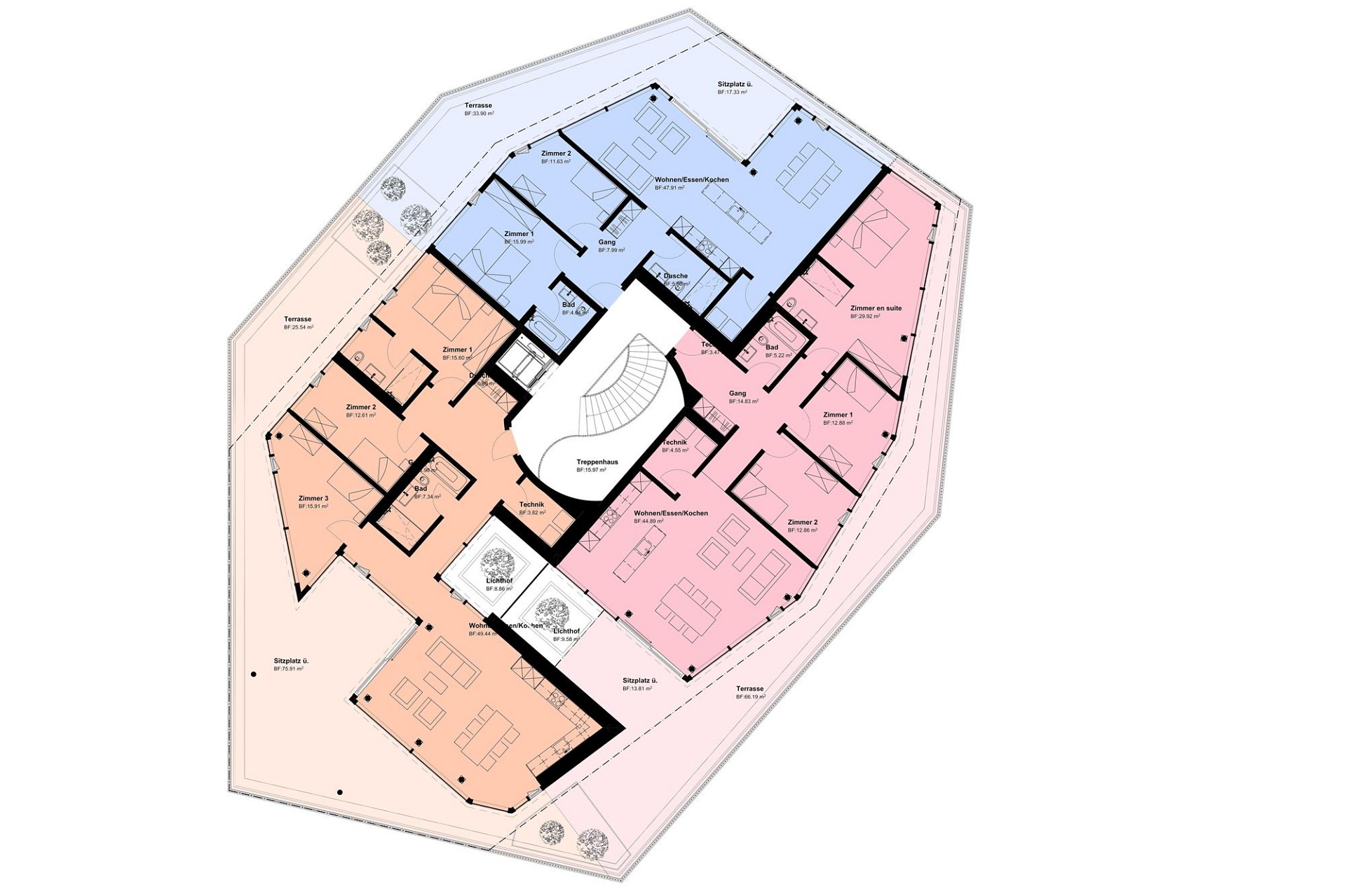 Grundriss einer großen Wohneinheit mit mehreren Zimmern, Terrassen und Lichthöfen