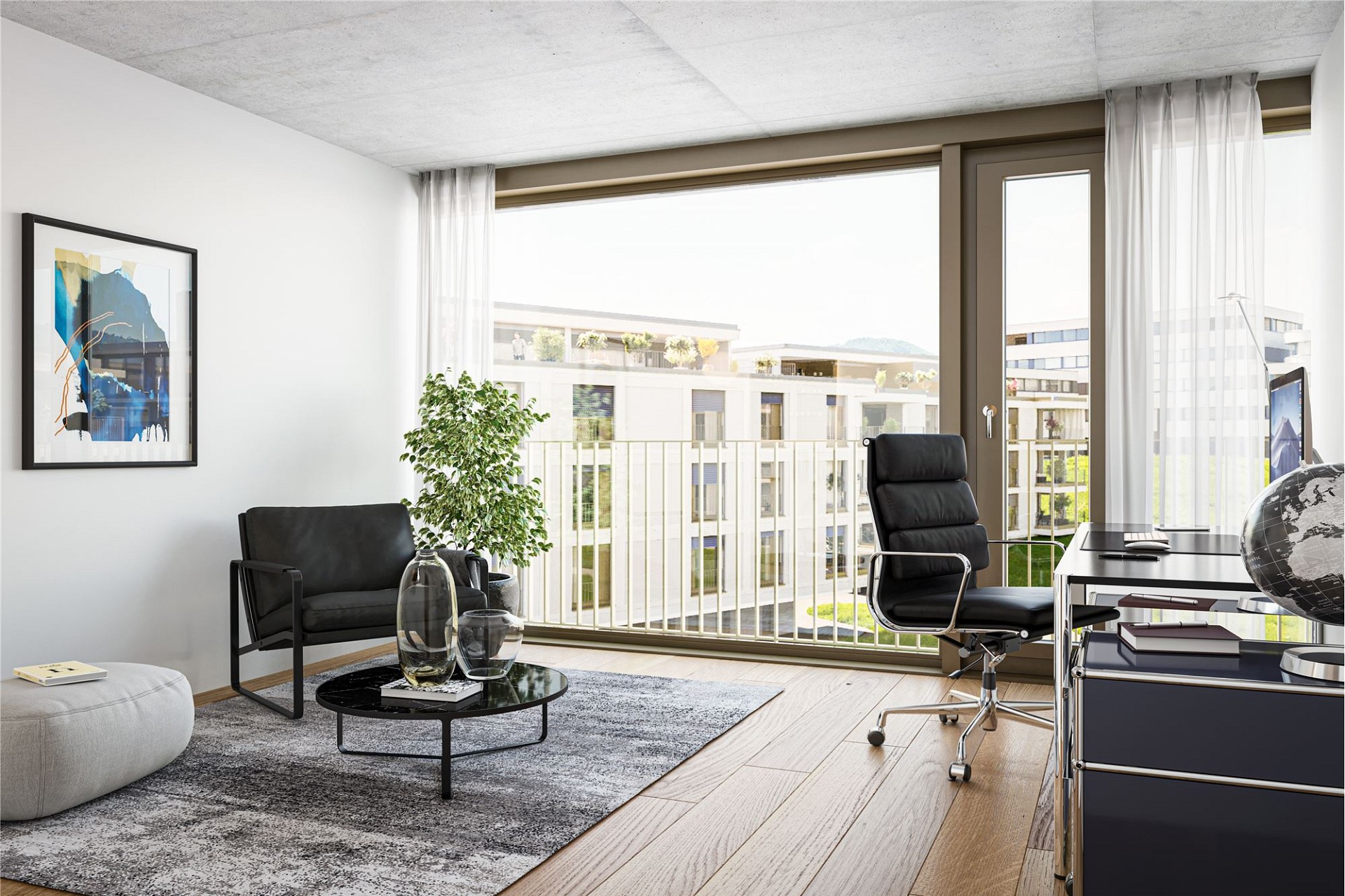Modernes Homeoffice mit Balkonblick