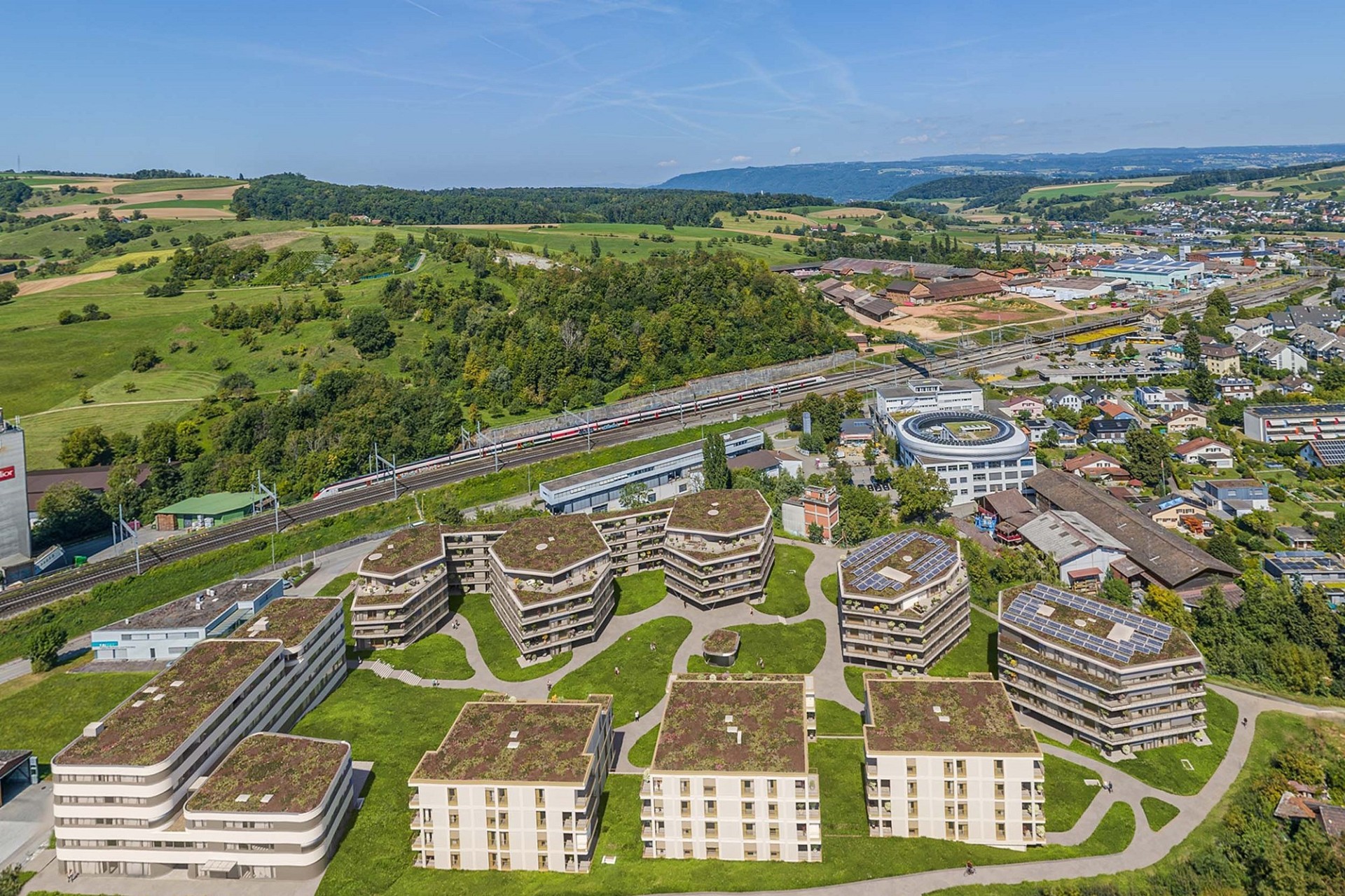 Luftaufnahme eines begrünten Wohnquartiers