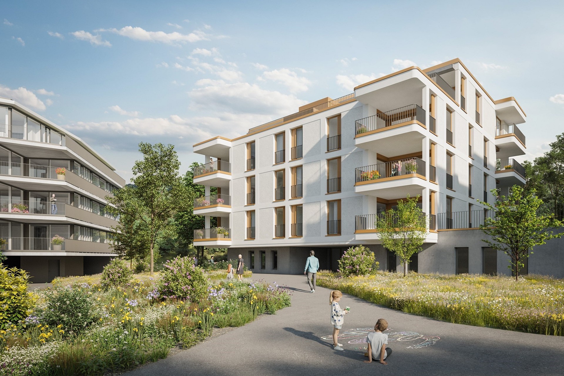 Moderne Wohnanlage mit begrüntem Innenhof