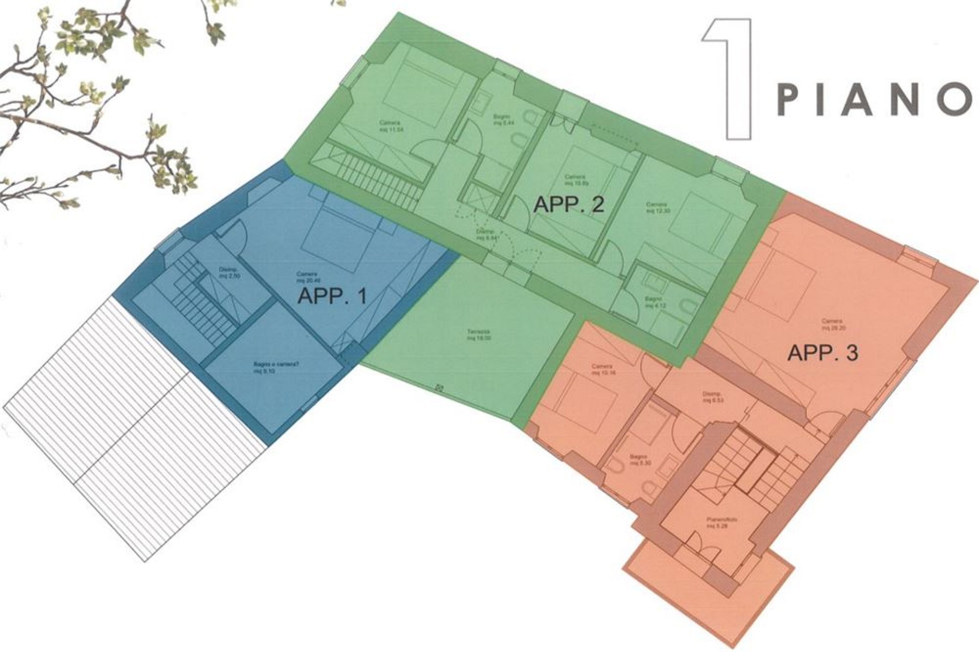 Grundriss eines Mehrfamilienhauses mit drei Wohnungen