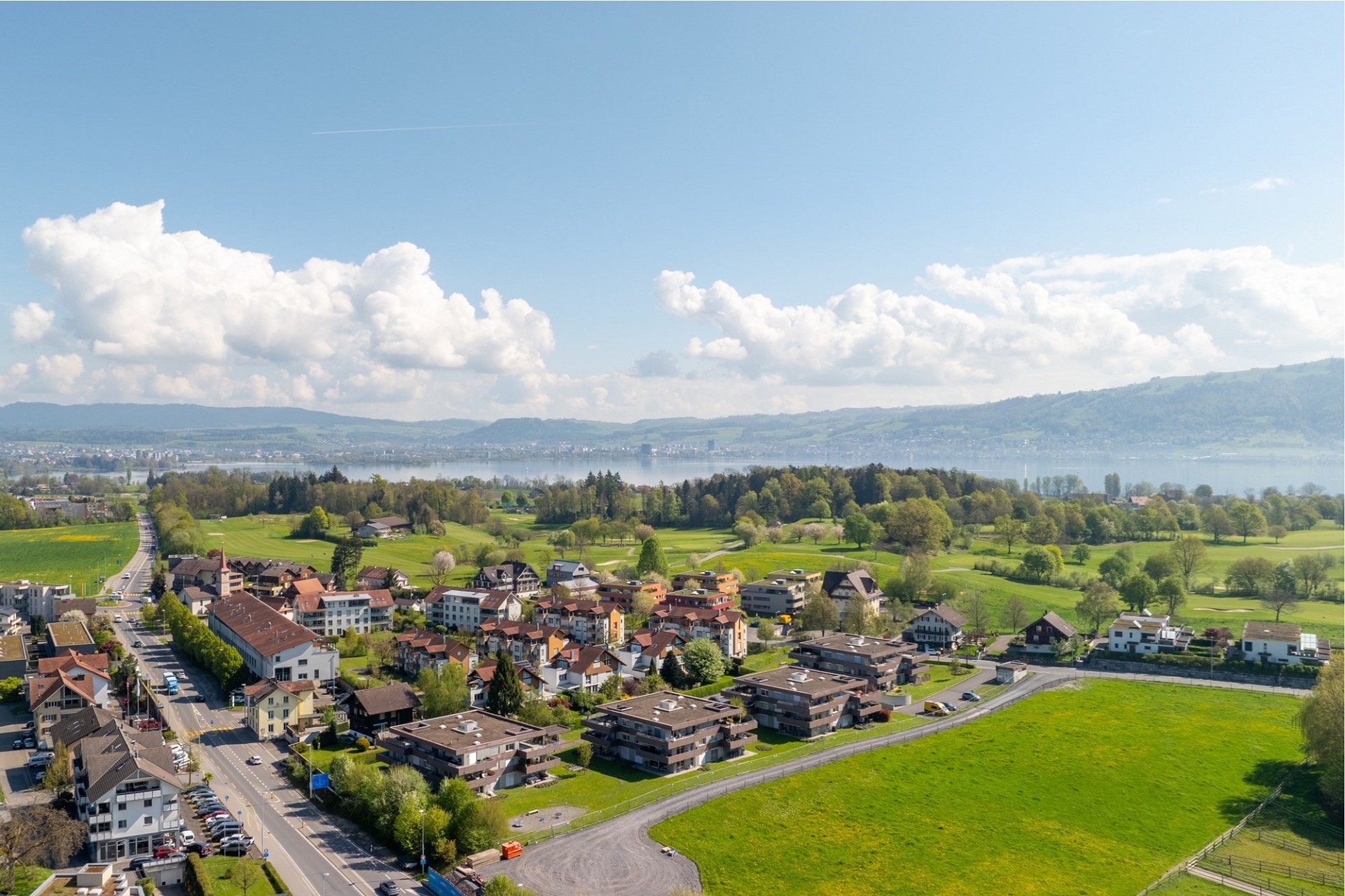 Luftaufnahme einer grünen Ufer- und Wohngegend