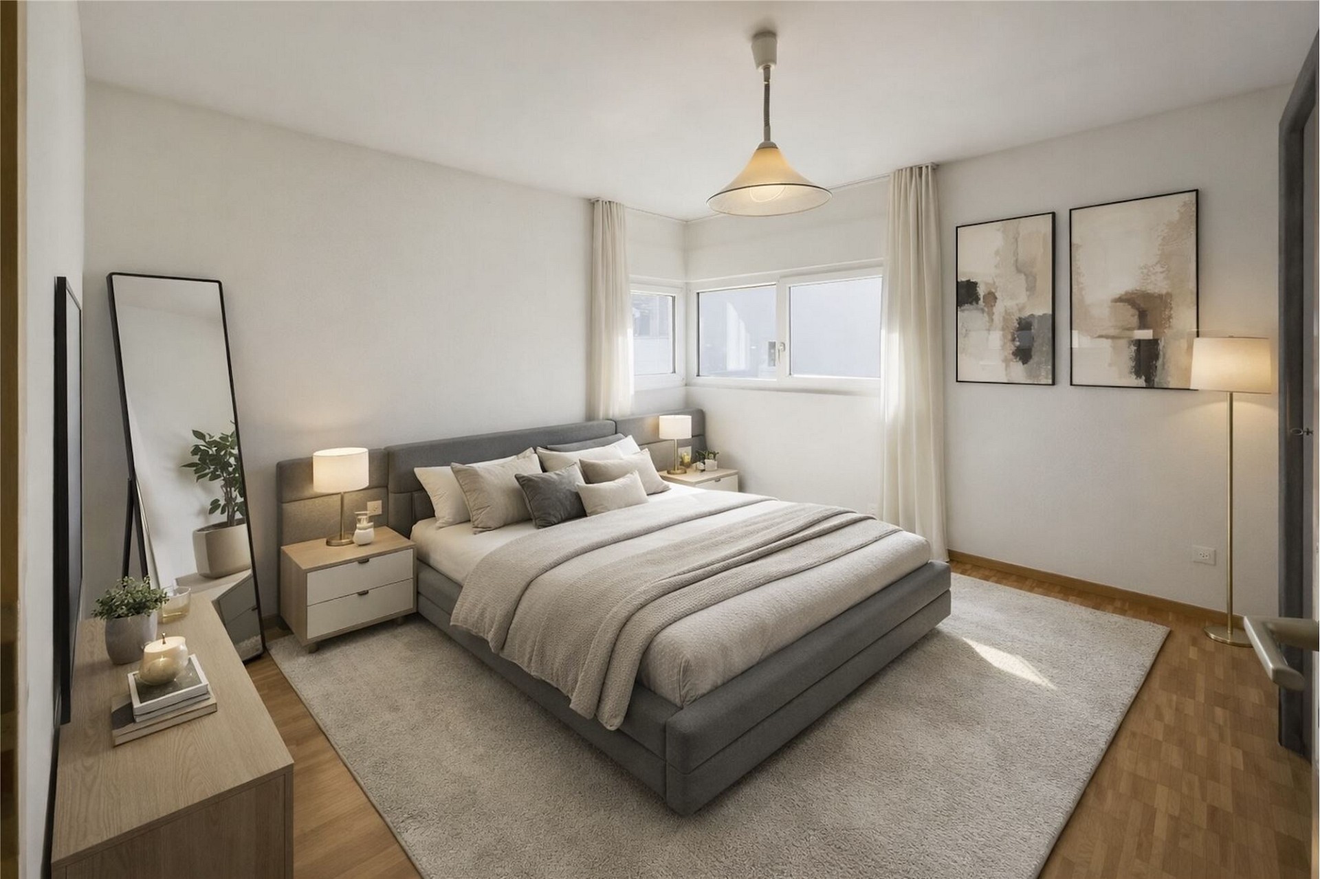 Helles, stilvoll eingerichtetes Schlafzimmer