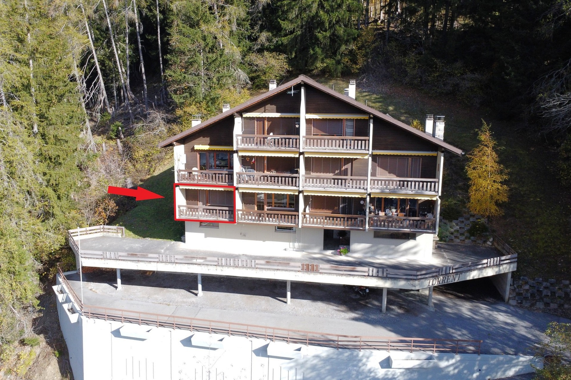 Alpenhaus mit Balkonen im Wald