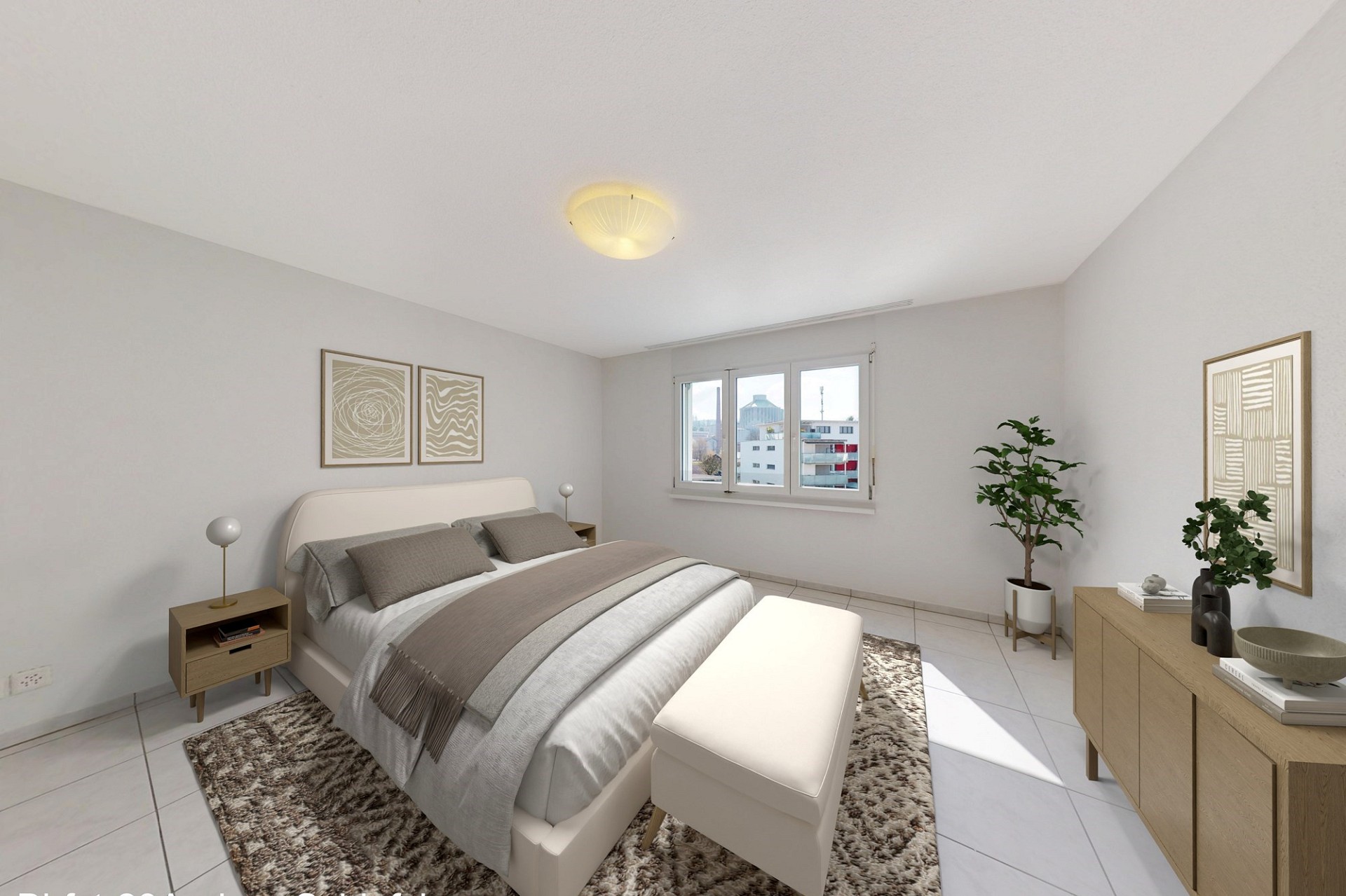 Helles, minimalistisch eingerichtetes Schlafzimmer