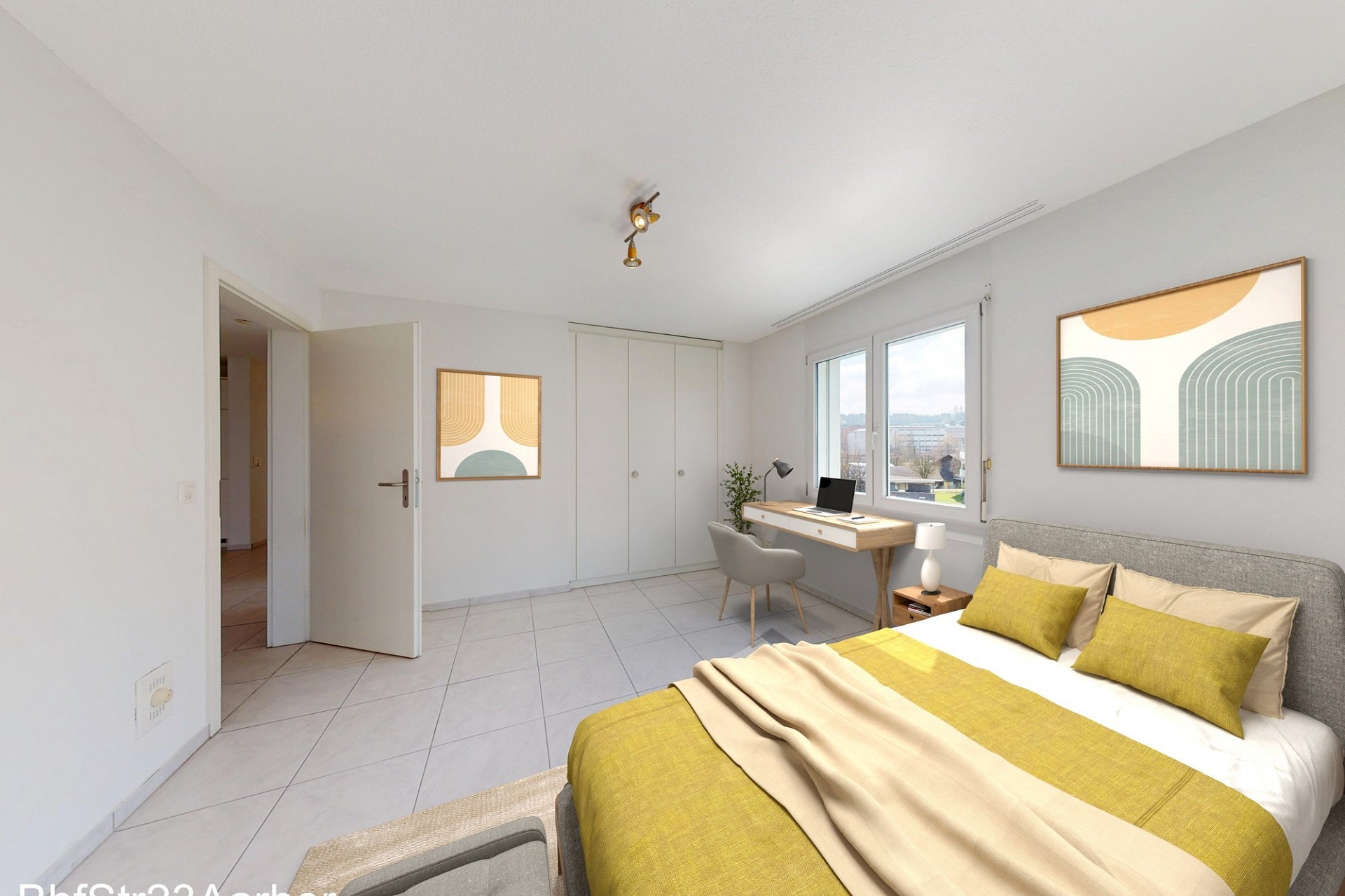 Helles Schlafzimmer mit Arbeitsbereich