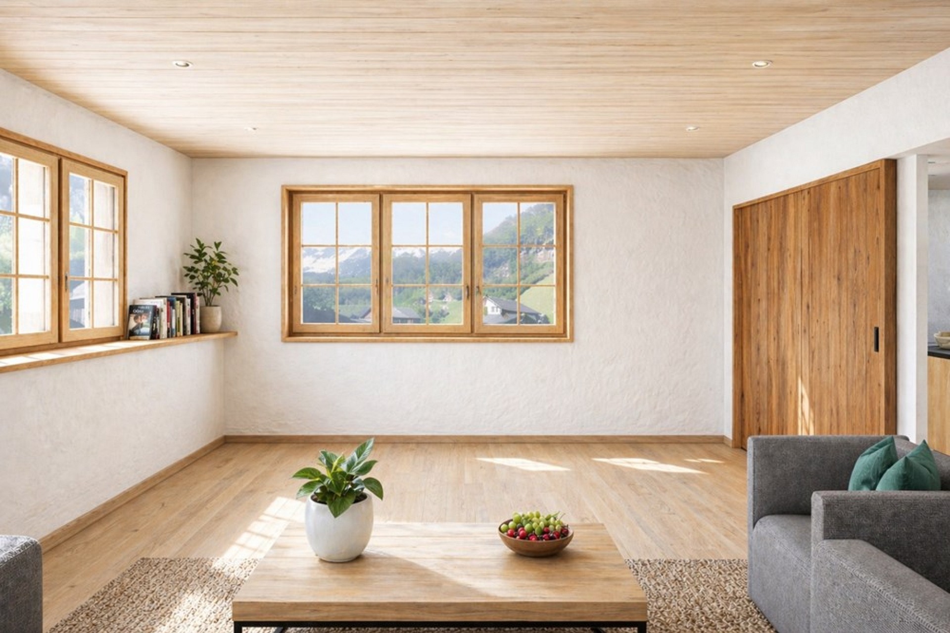 Heller Wohnraum mit Bergblick