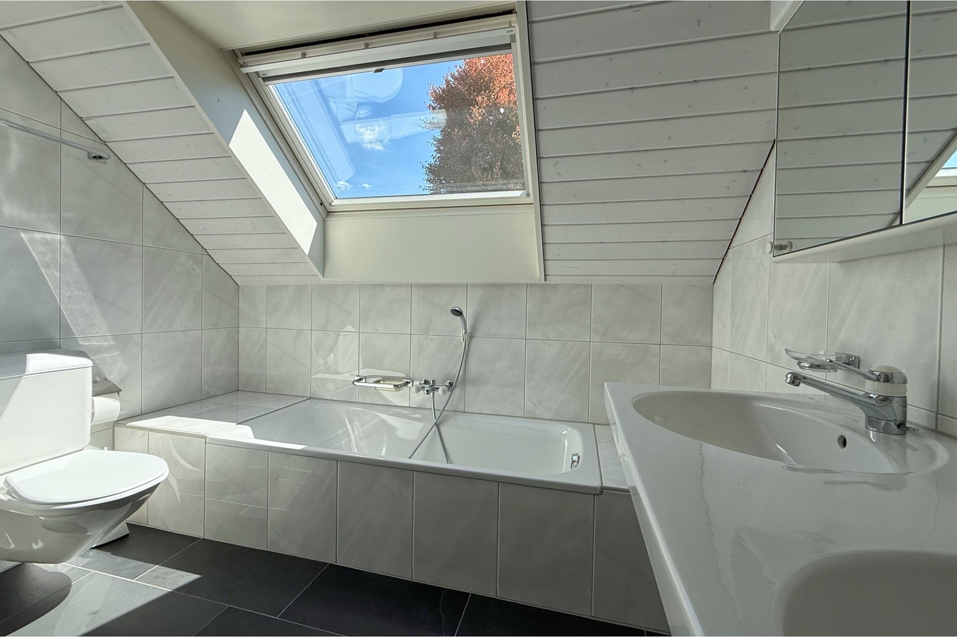 Helles Badezimmer mit Dachfenster