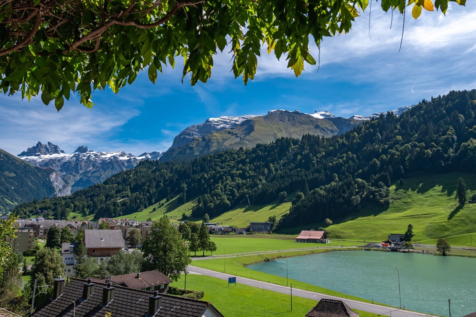 Alpenpanorama mit See und Dorf