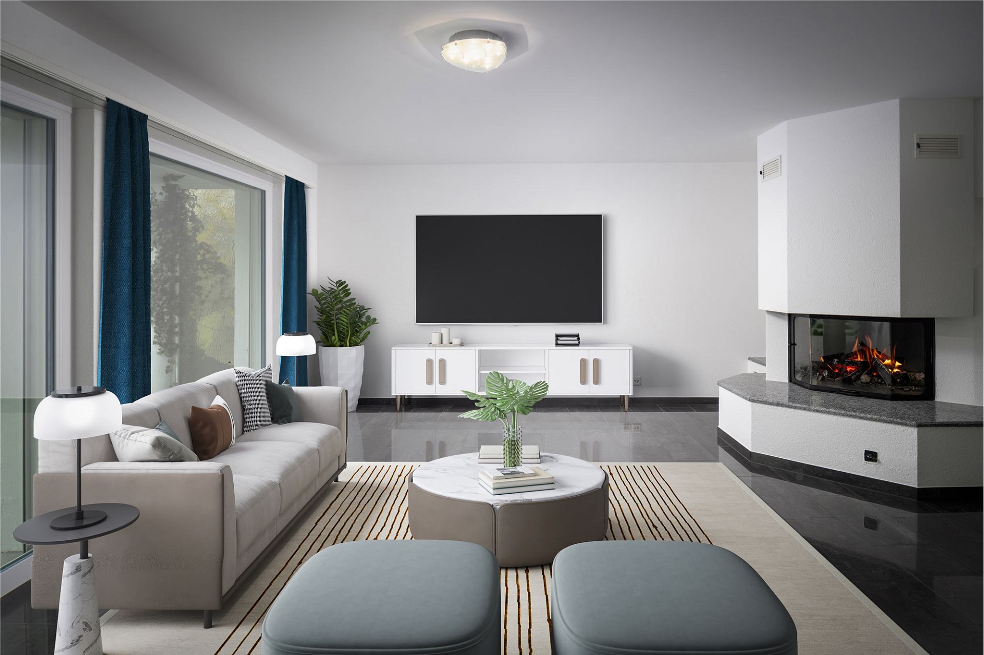 Heller, modern eingerichteter Wohnraum mit Kamin und TV