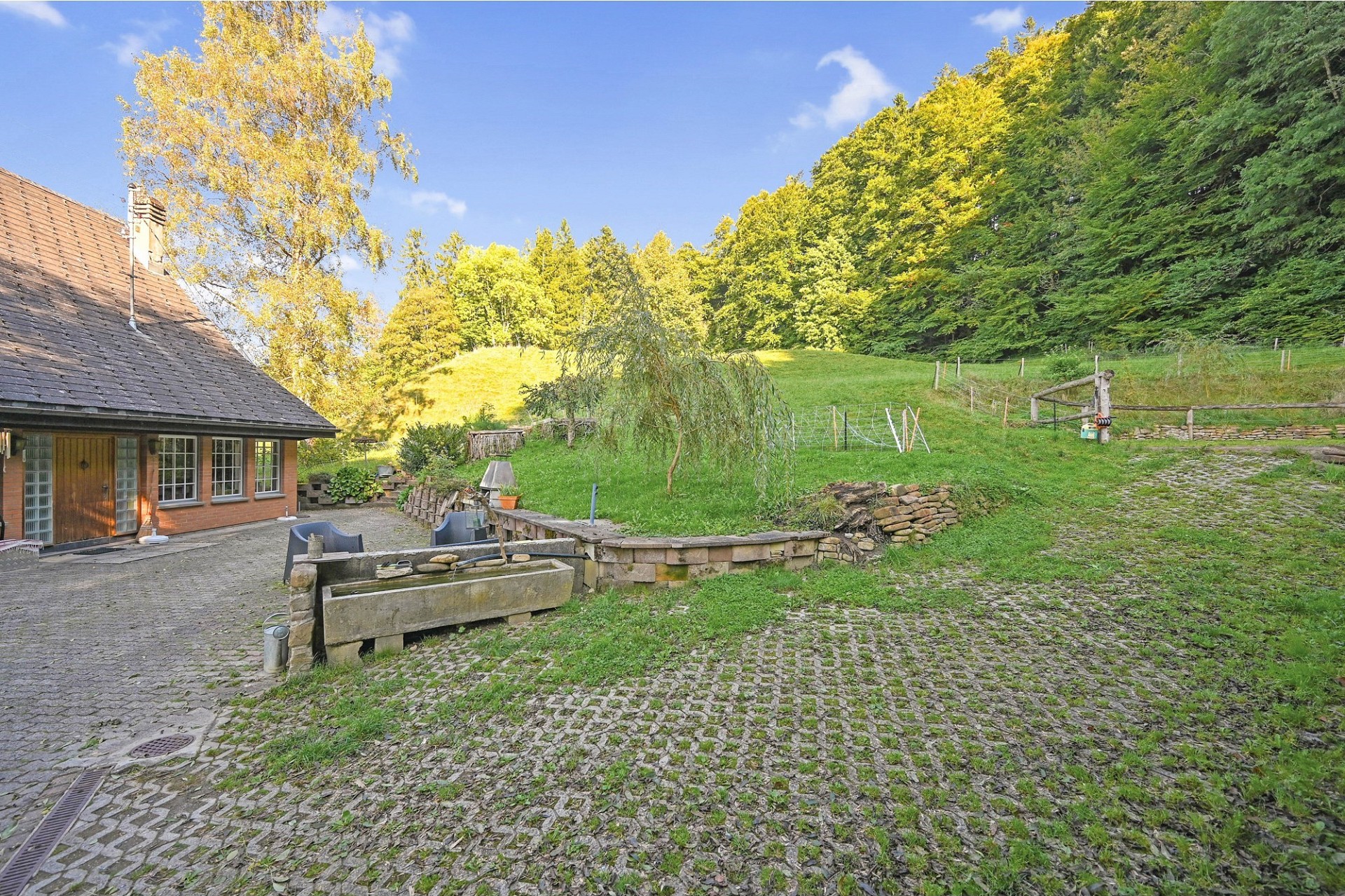 Ländlicher Außenbereich mit Haus und Garten