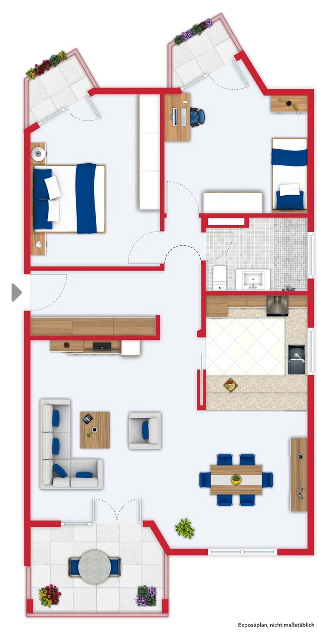 Grundriss einer Wohnung mit Balkon/Terrasse und offenem Wohnbereich