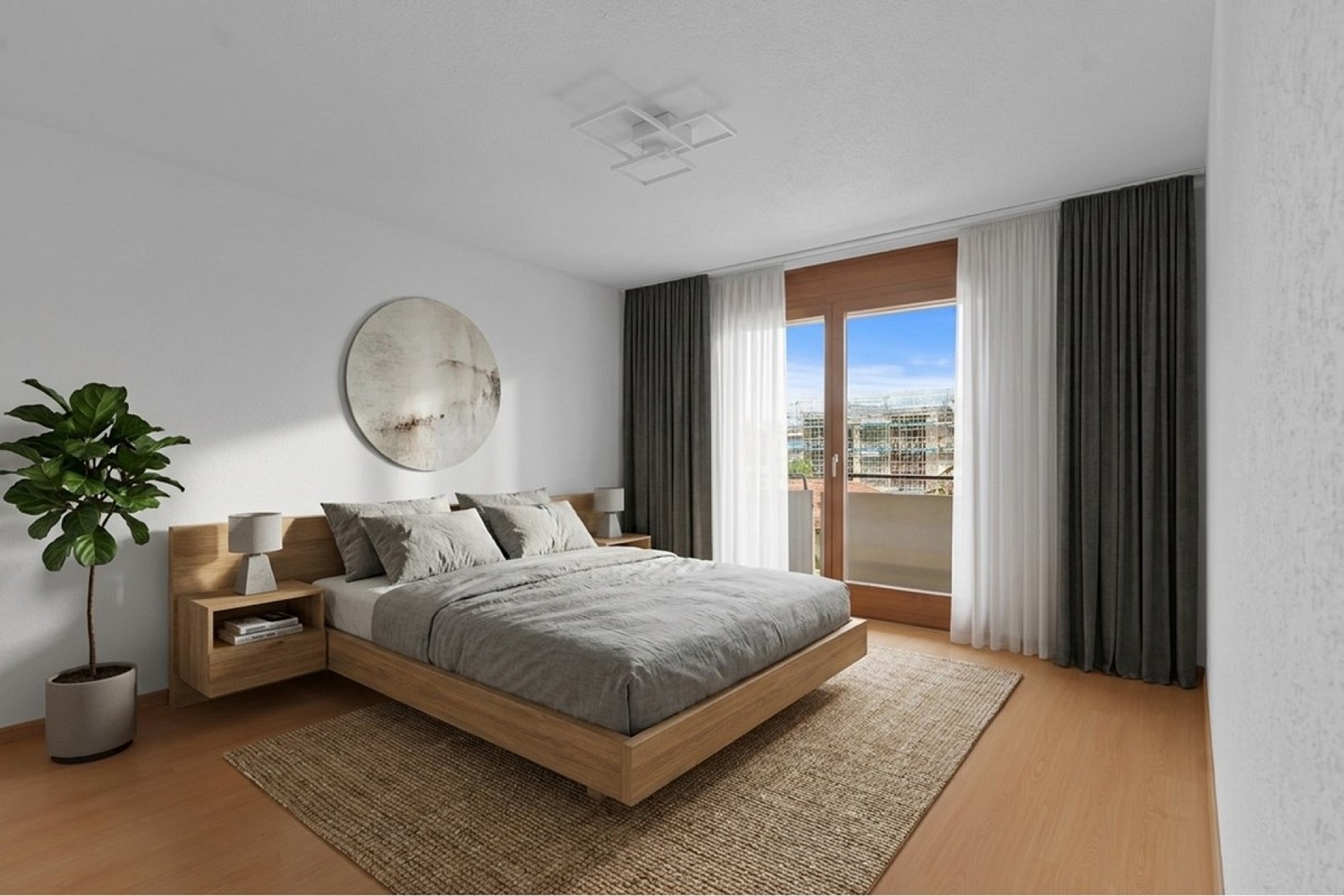 Modernes Schlafzimmer mit Holzoptik und Balkonblick
