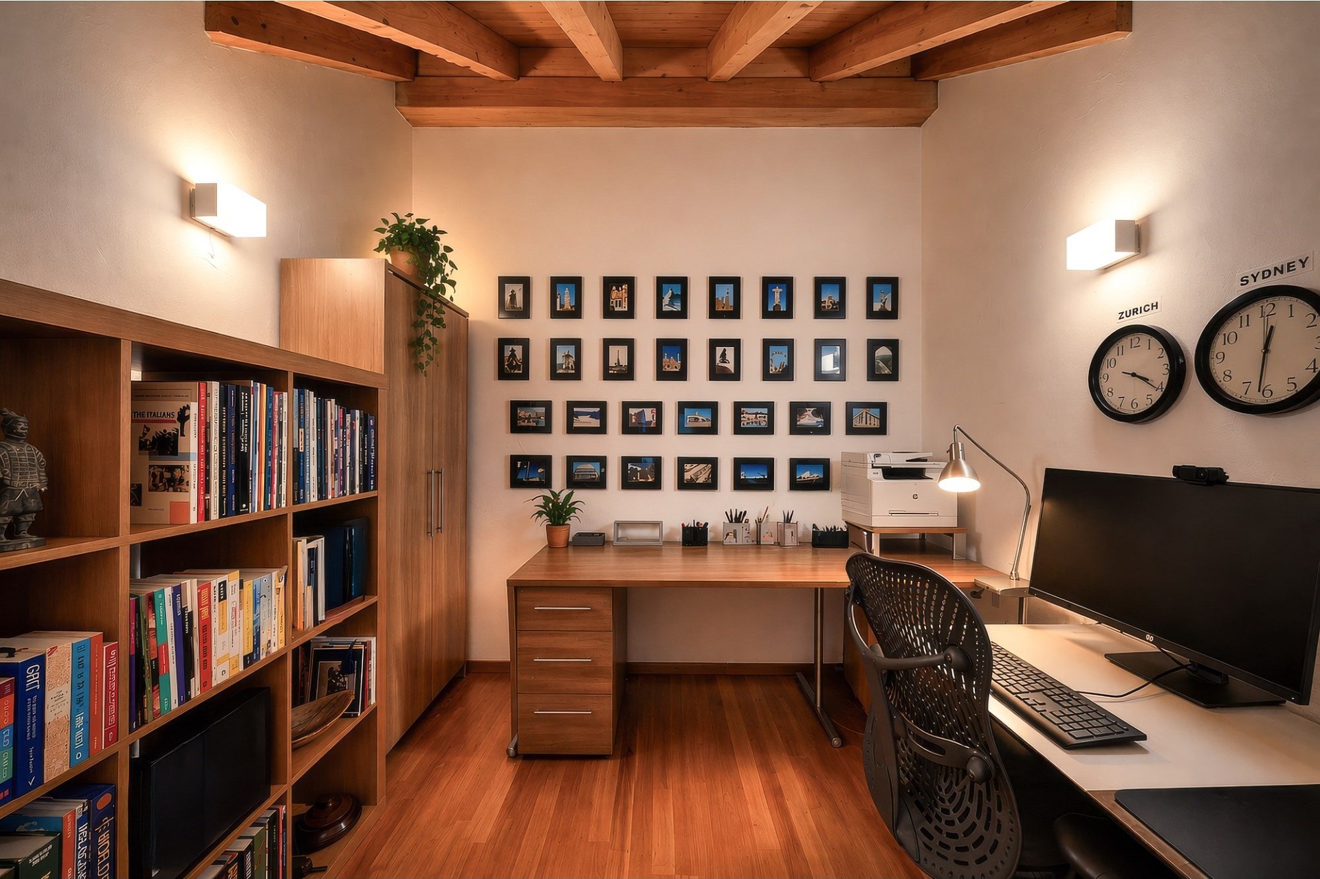 Arbeitszimmer mit Holzregalen und Schreibtisch