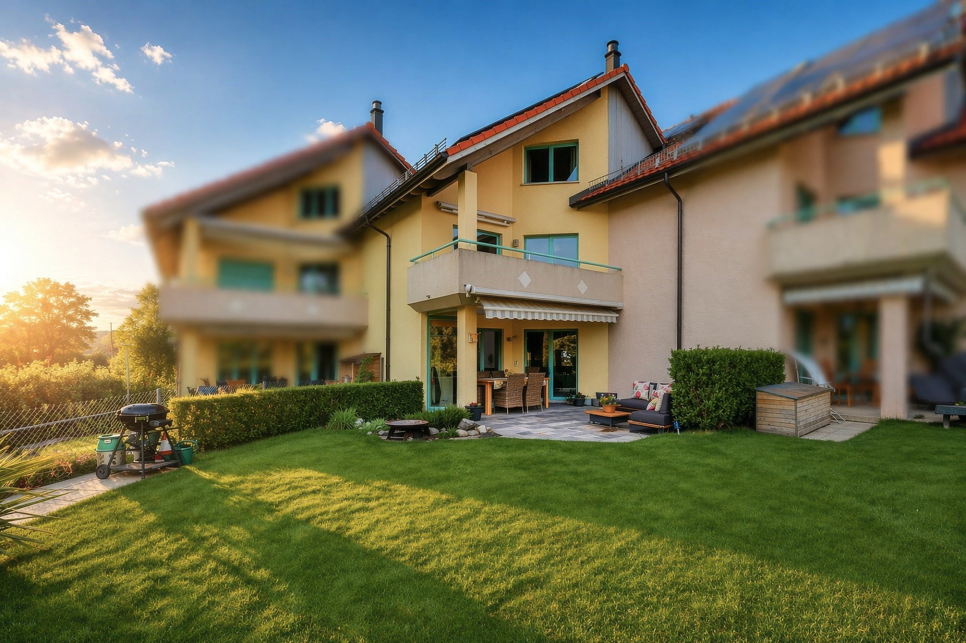 Haus mit Garten und Terrasse in warmem Abendlicht