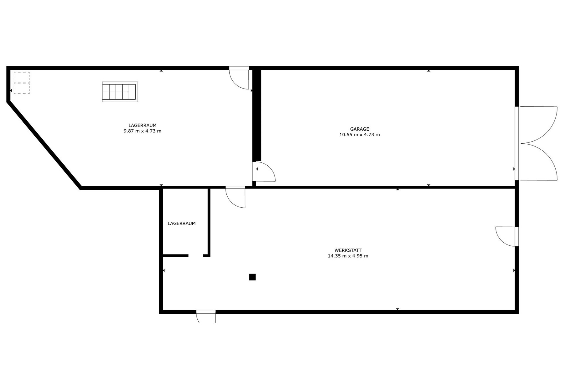 Grundriss von Garage, Werkstatt und Lagerräumen