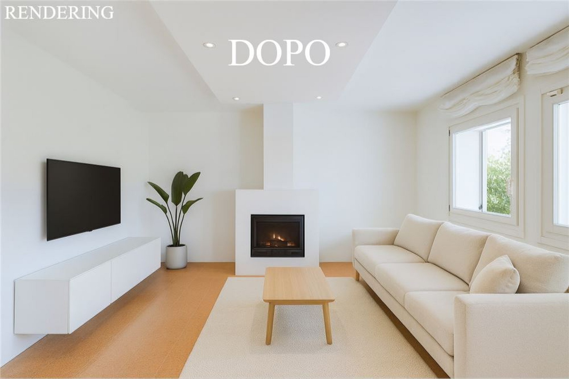 Modernes Wohnzimmer mit Kamin und Sofa