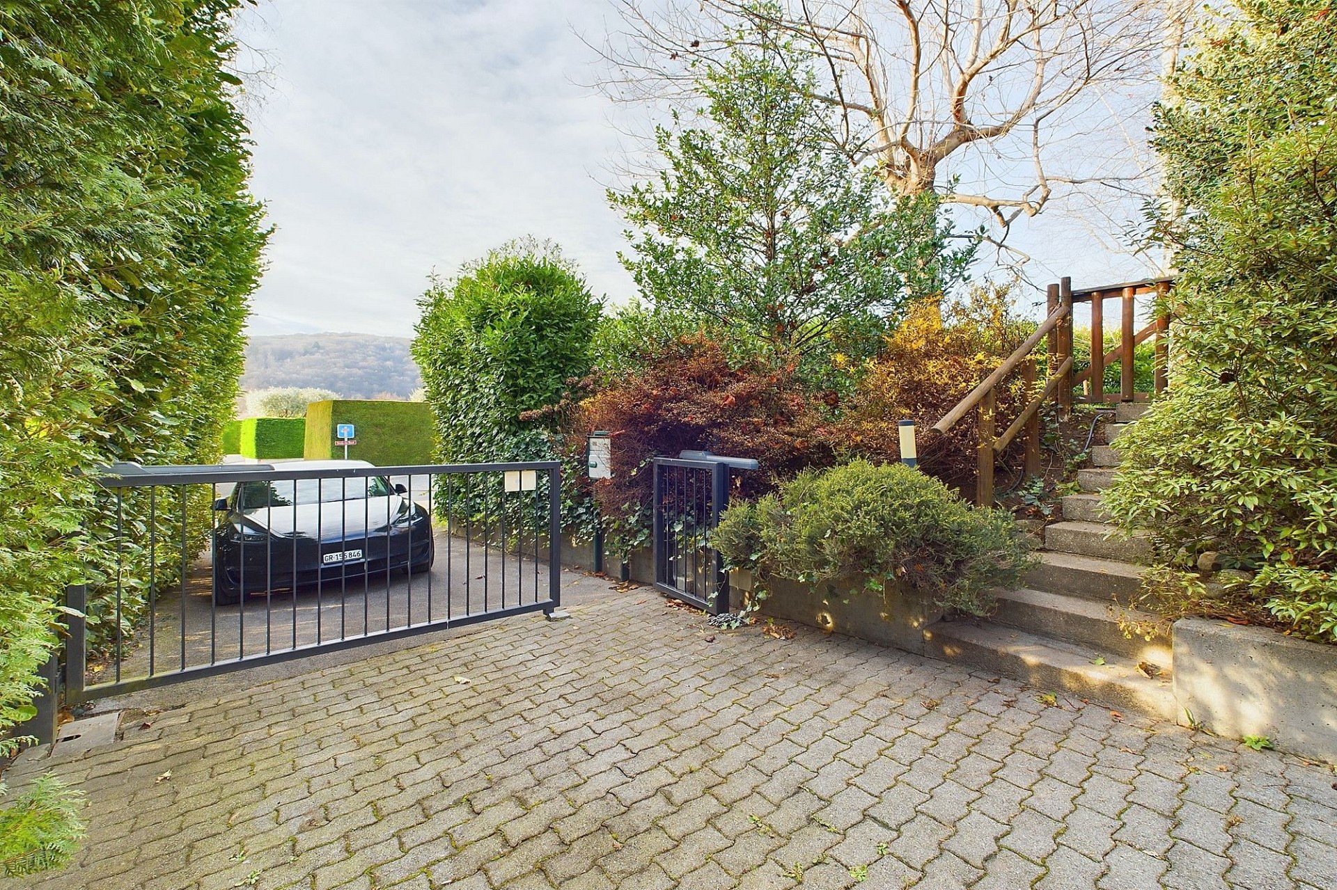 Zufahrt mit Tor und Gartenanlage