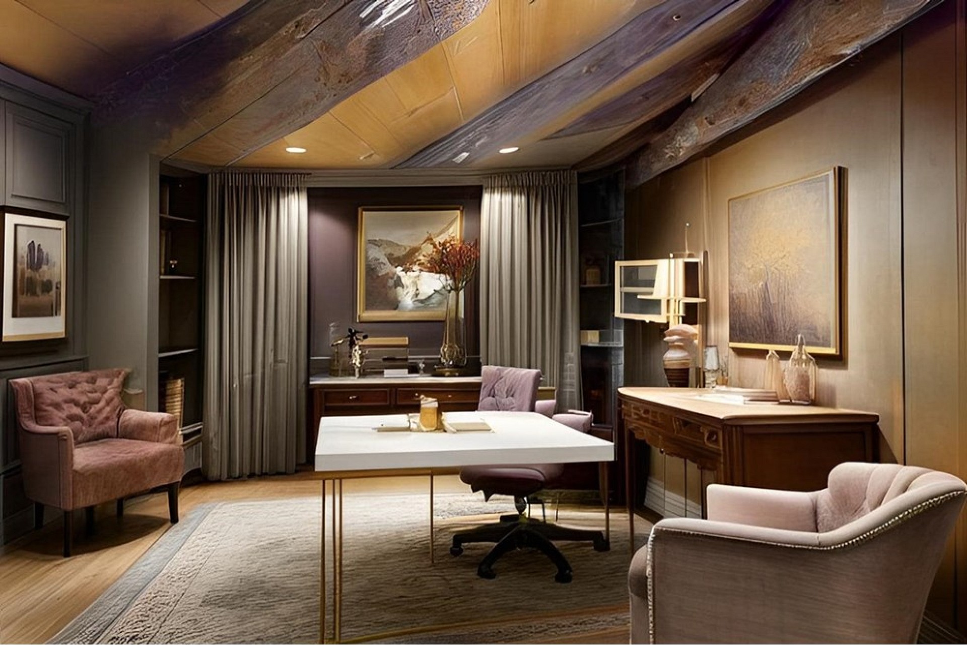 Elegantes Arbeitszimmer mit Holzbalkendecke