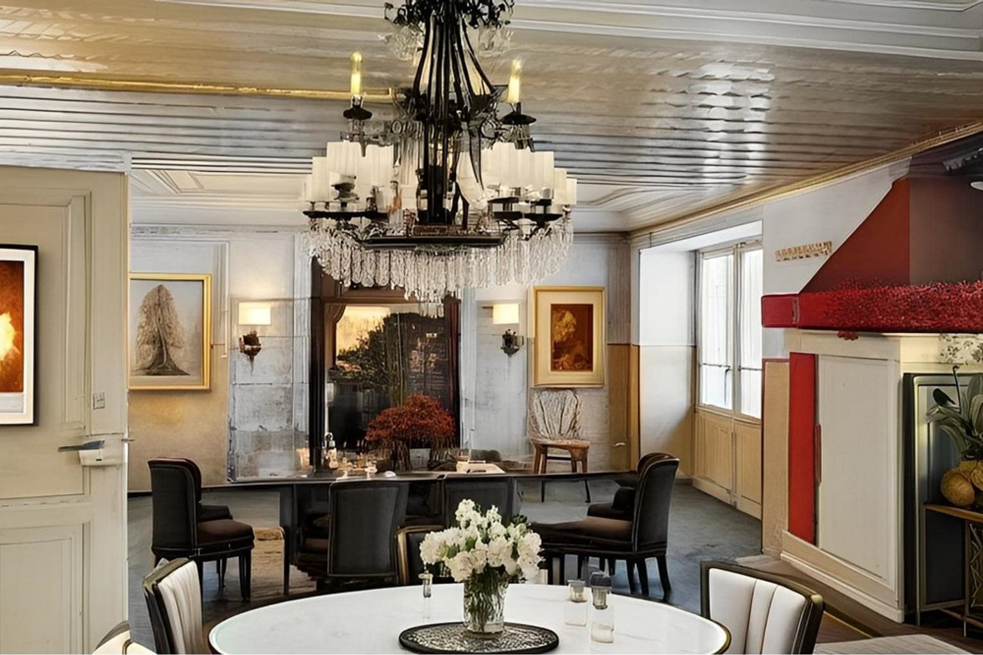 Eleganter Speisesaal mit Kamin- und Kronleuchter-Dekor