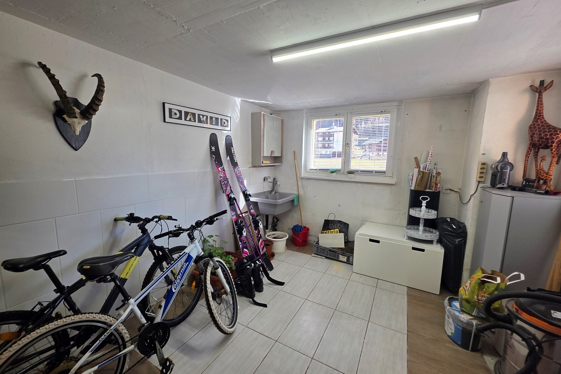 Abstellraum mit Fahrrad, Skiern und Fenster