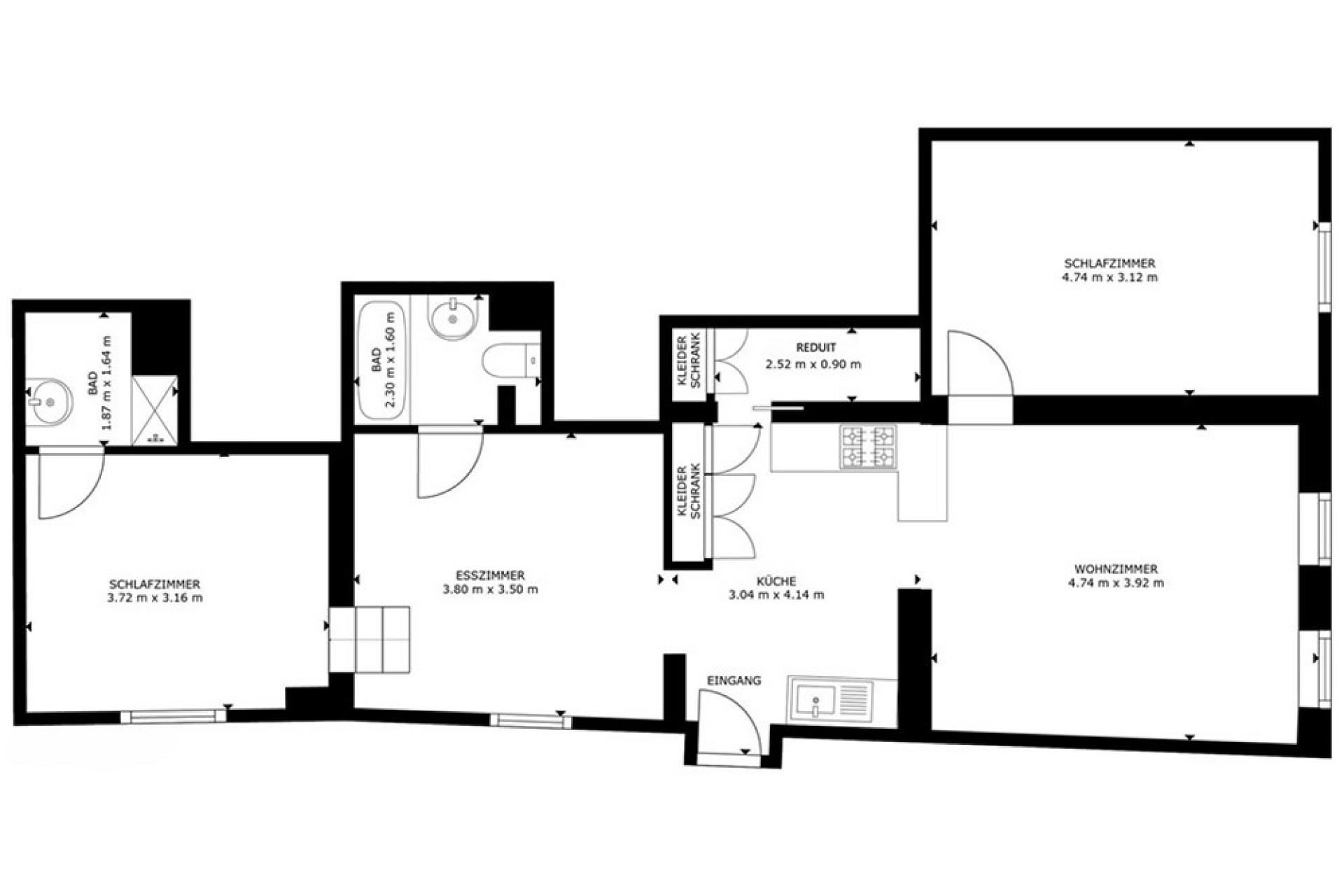 Grundriss einer Wohnung mit drei Schlafzimmern, Wohnraum, Küche, Esszimmer, Bädern und Eingang