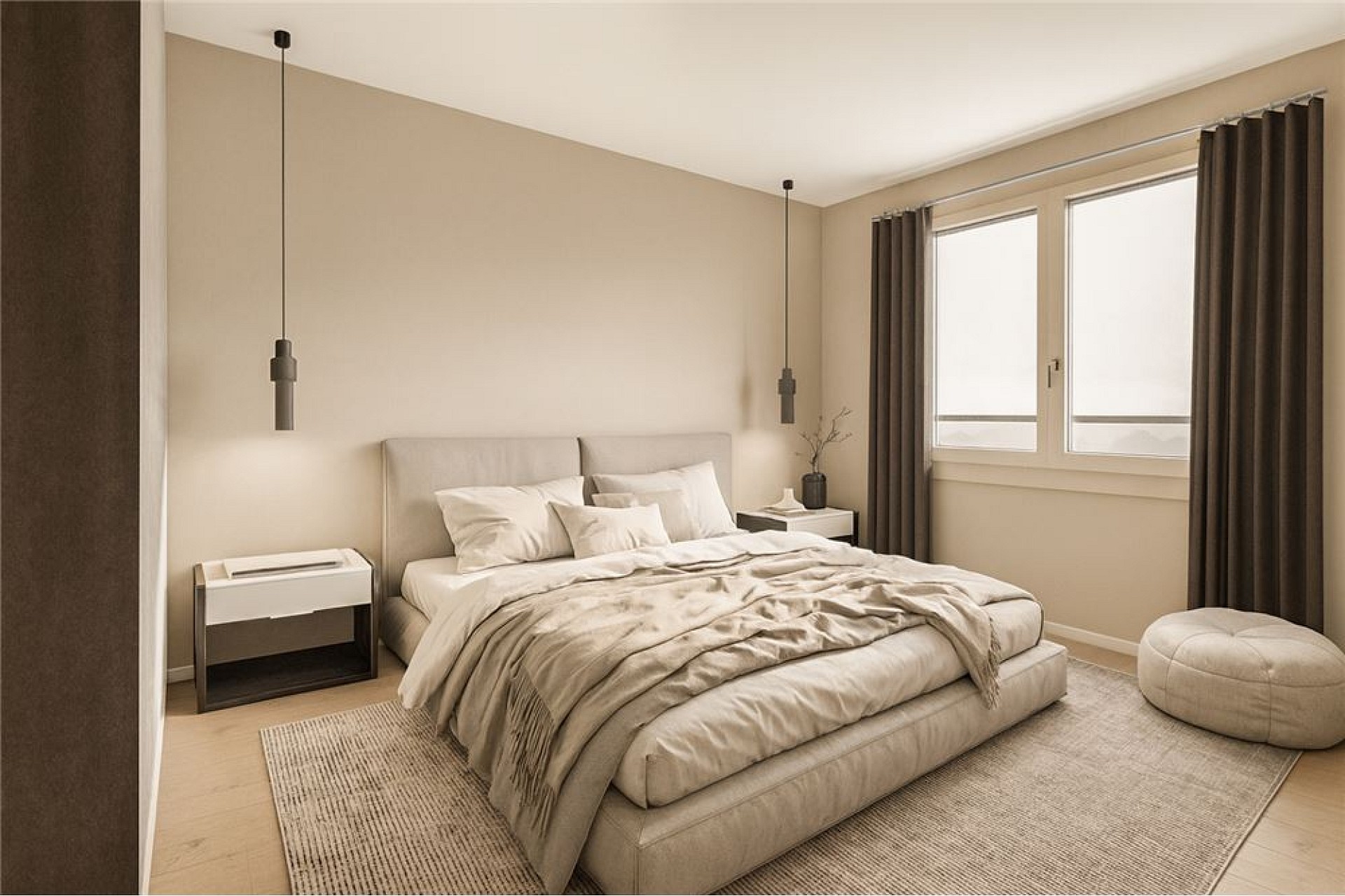 Helles, minimalistisches Schlafzimmer in Beige- und Naturtönen