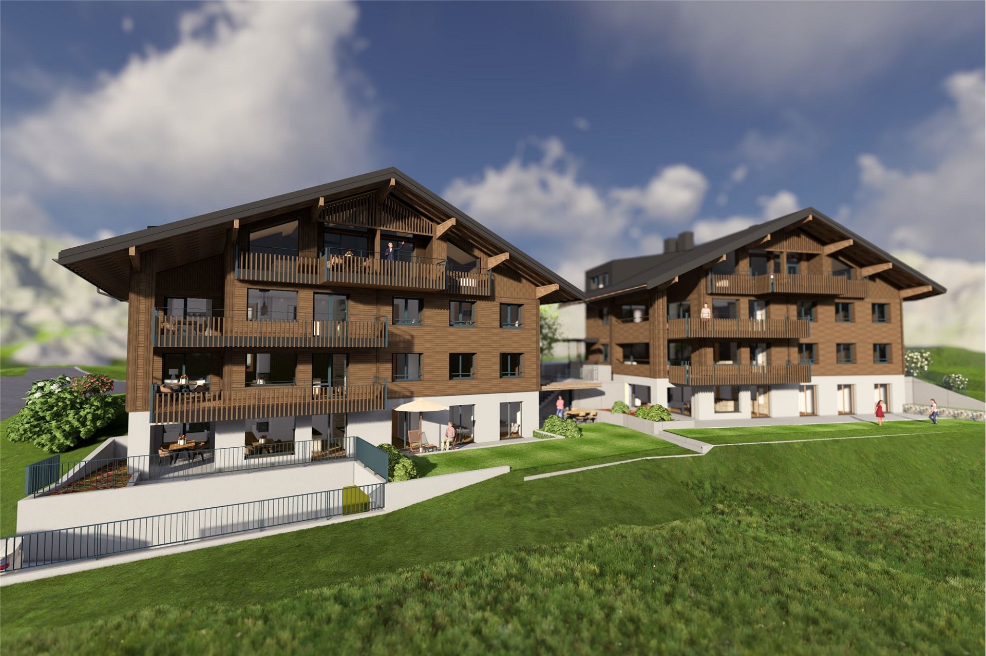 Alpenartige Wohnanlage mit Holzbalkonen