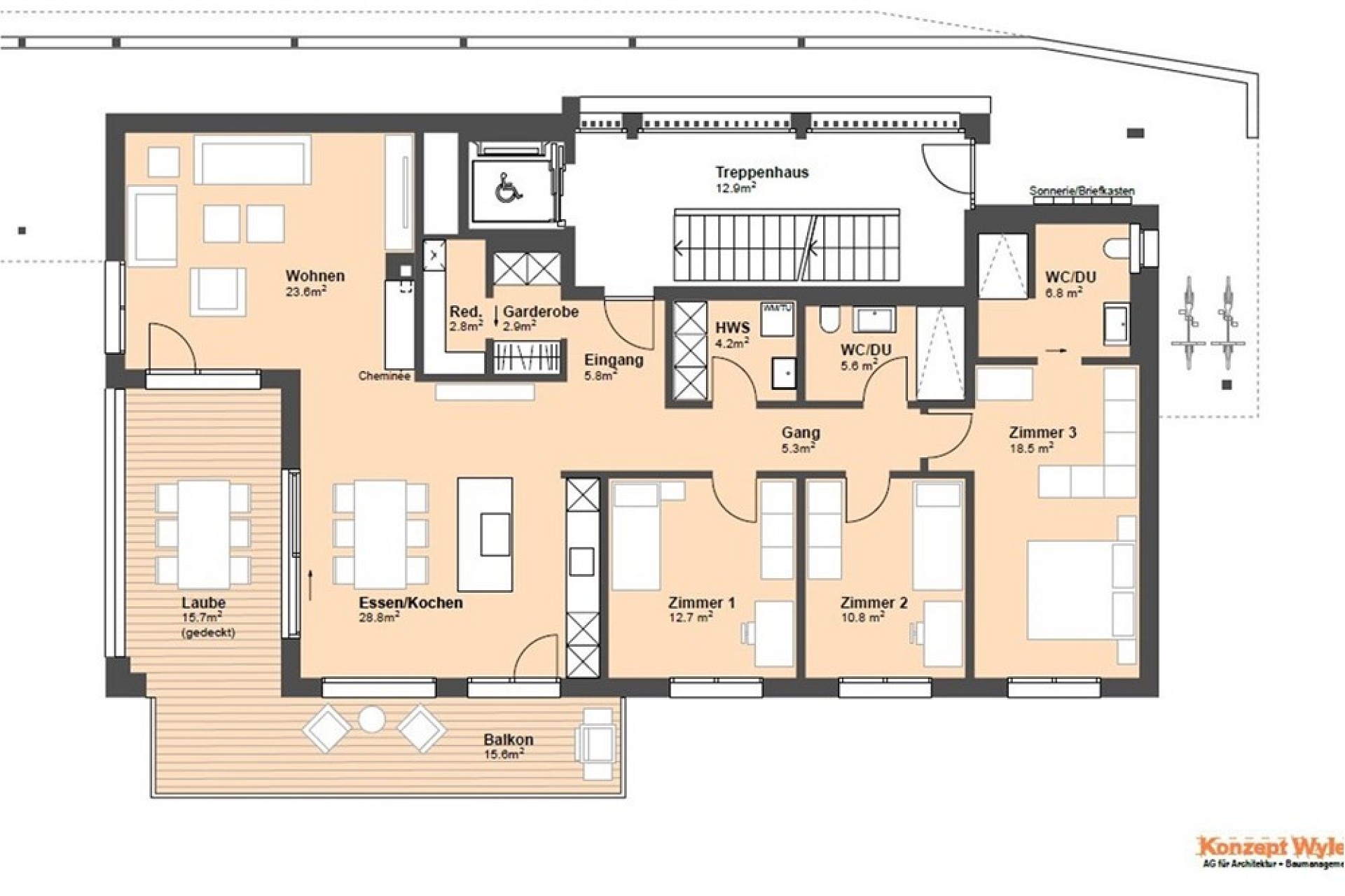 Grundriss einer Etage mit Balkon und Laube
