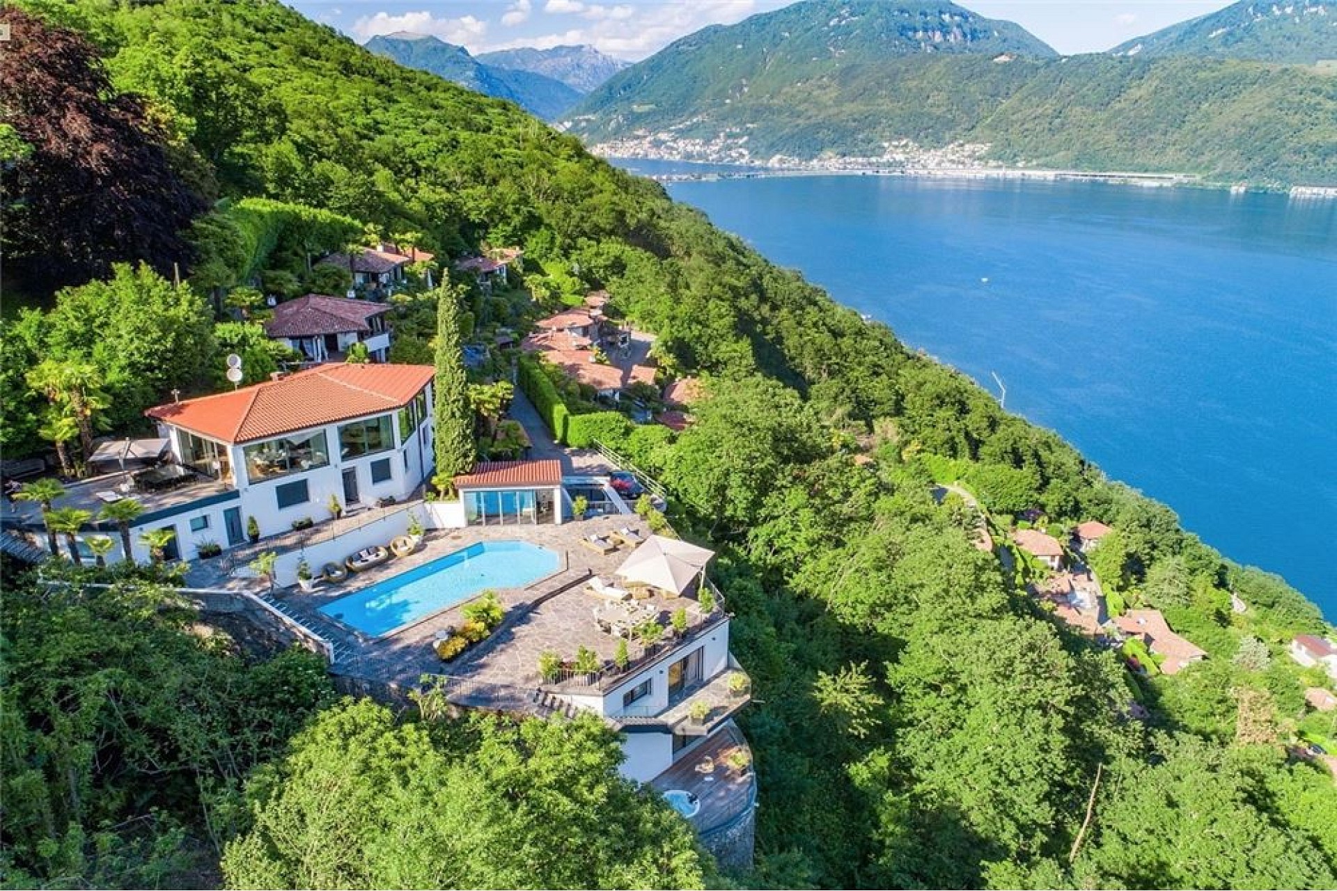 Luftaufnahme einer Villa mit Pool und Seeblick