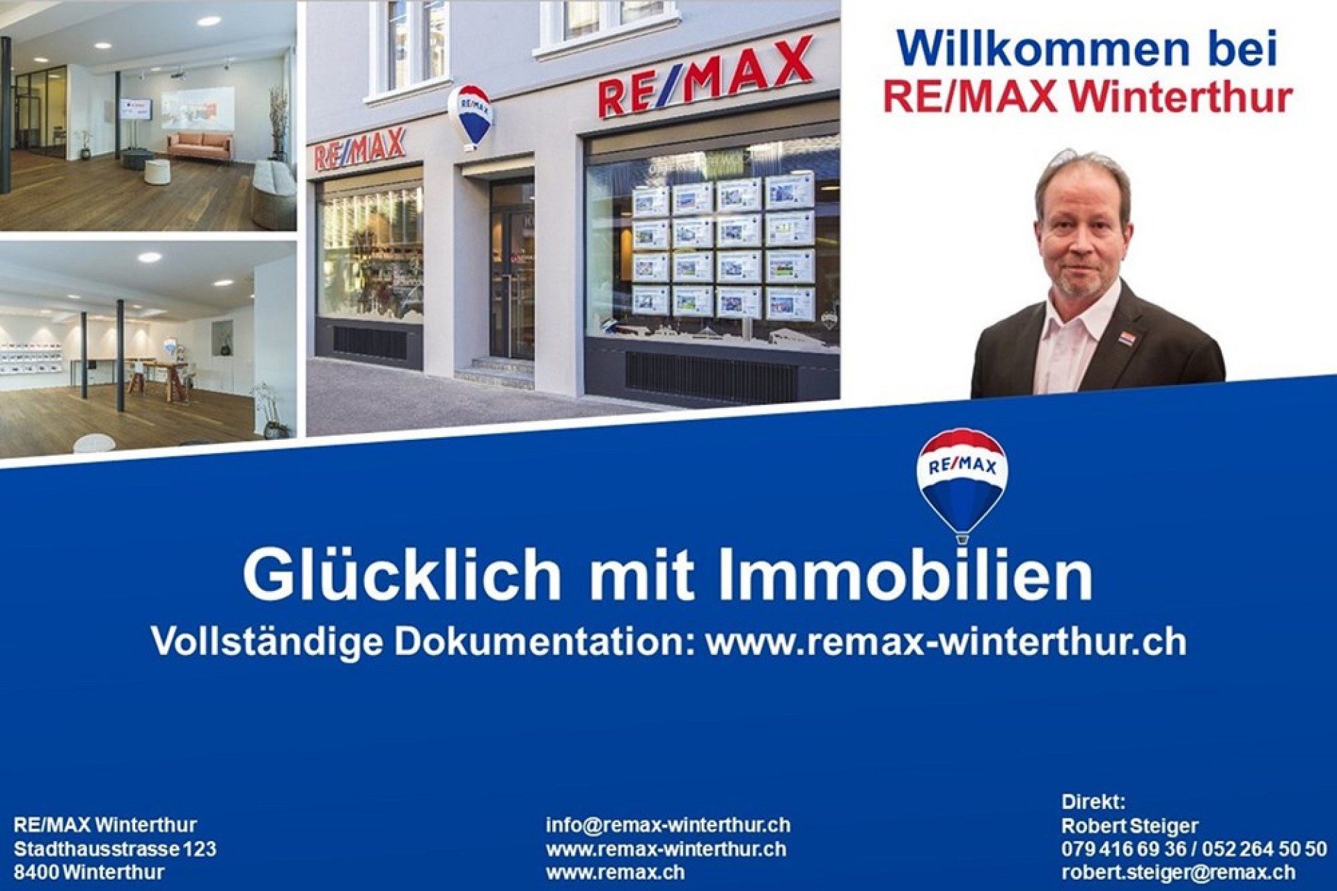 RE/MAX-Werbegrafik mit Immobilienbüro, Schaufenster und Agenturbranding