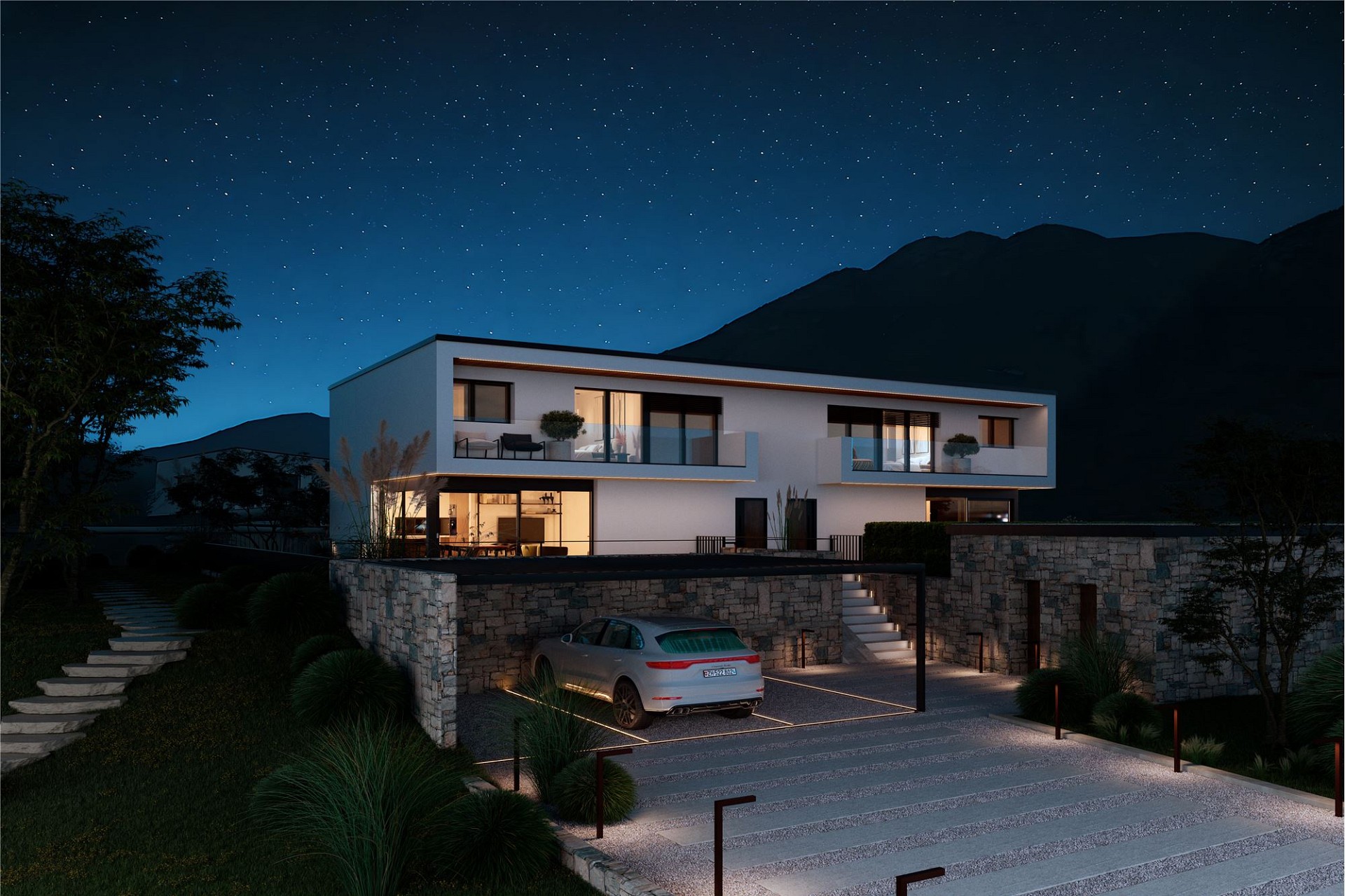 Moderne Villa bei Nacht