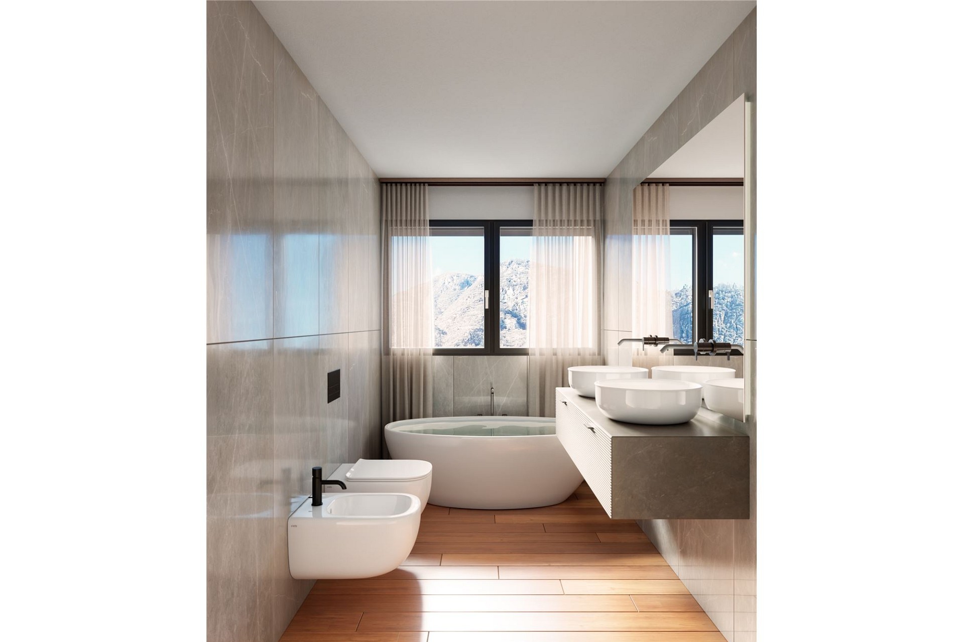 Modernes Badezimmer mit Bergblick