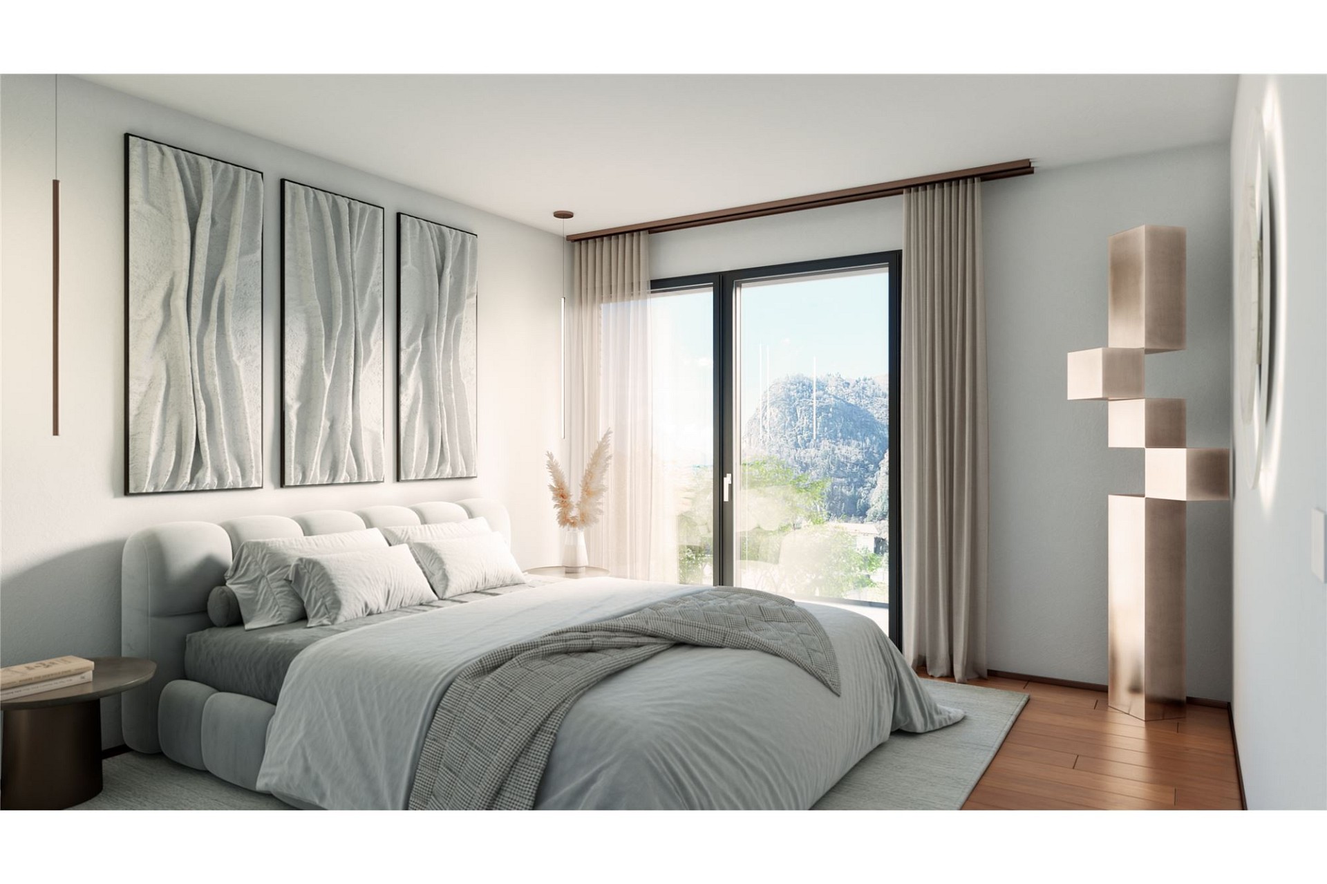 Helles modernes Schlafzimmer mit Bergblick