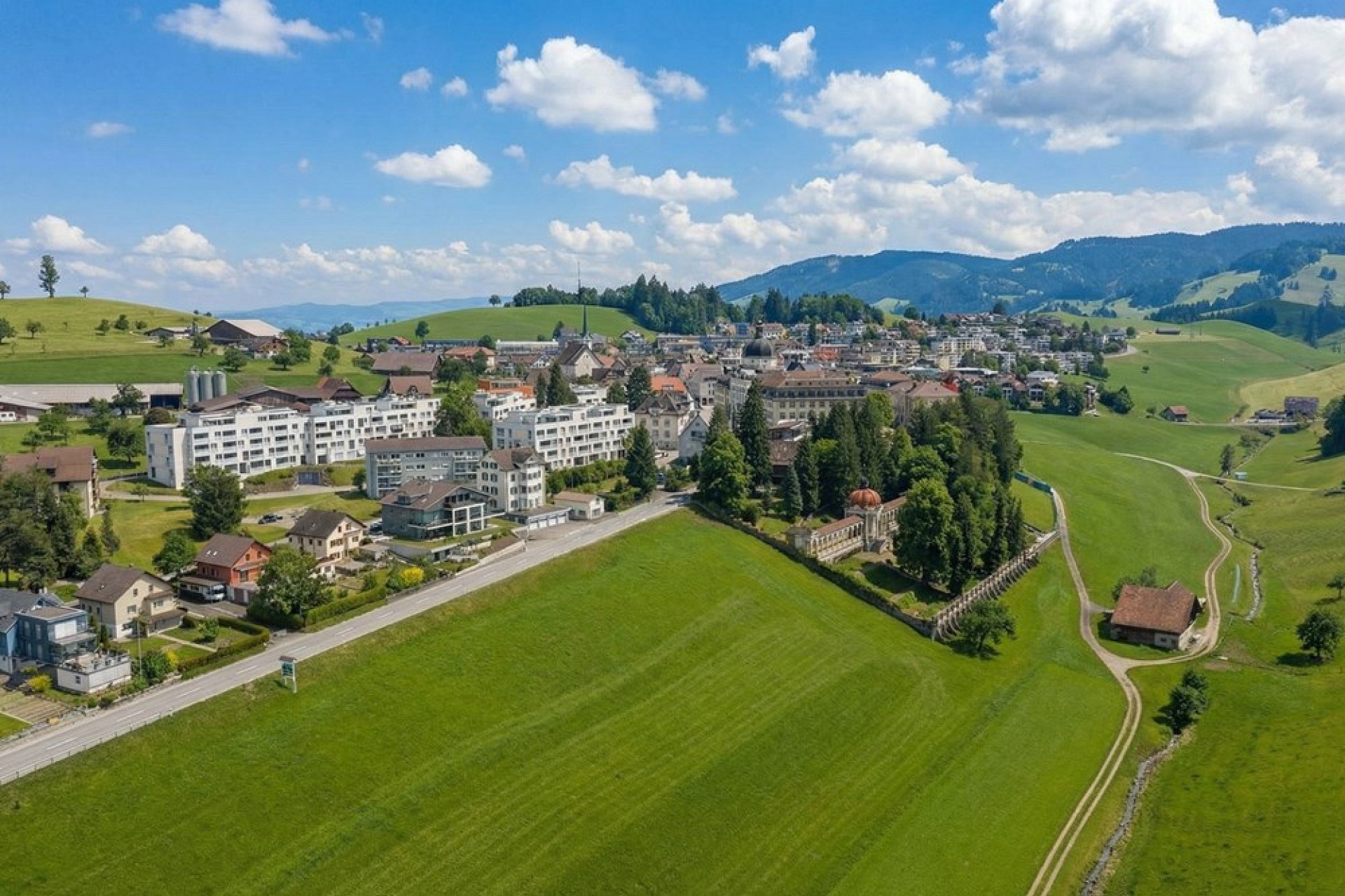 Luftaufnahme eines alpinen Dorfes mit Weidelandschaft