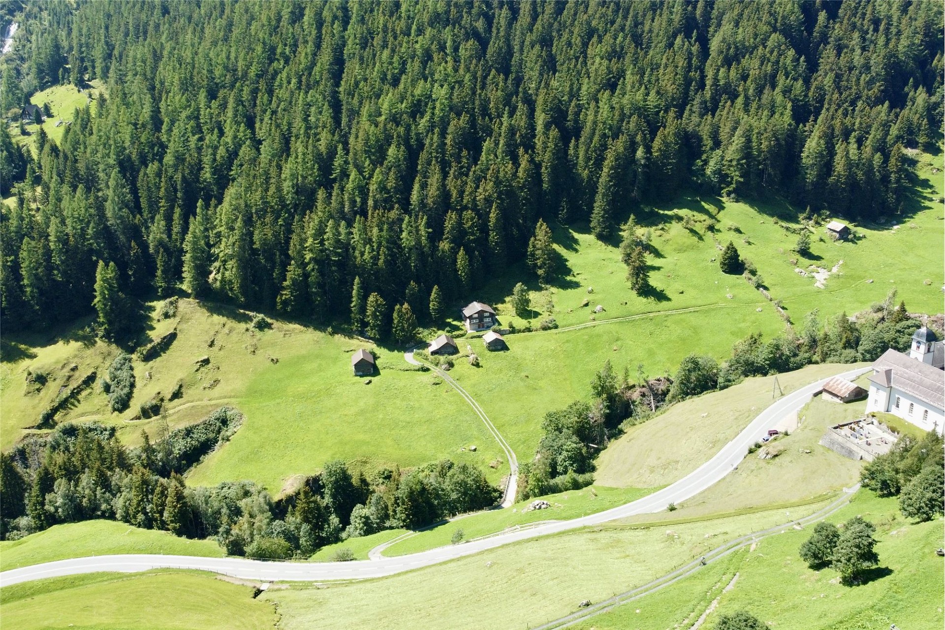 Alpine Luftaufnahme mit Wiesen, Wald und einzelnen Gebäuden