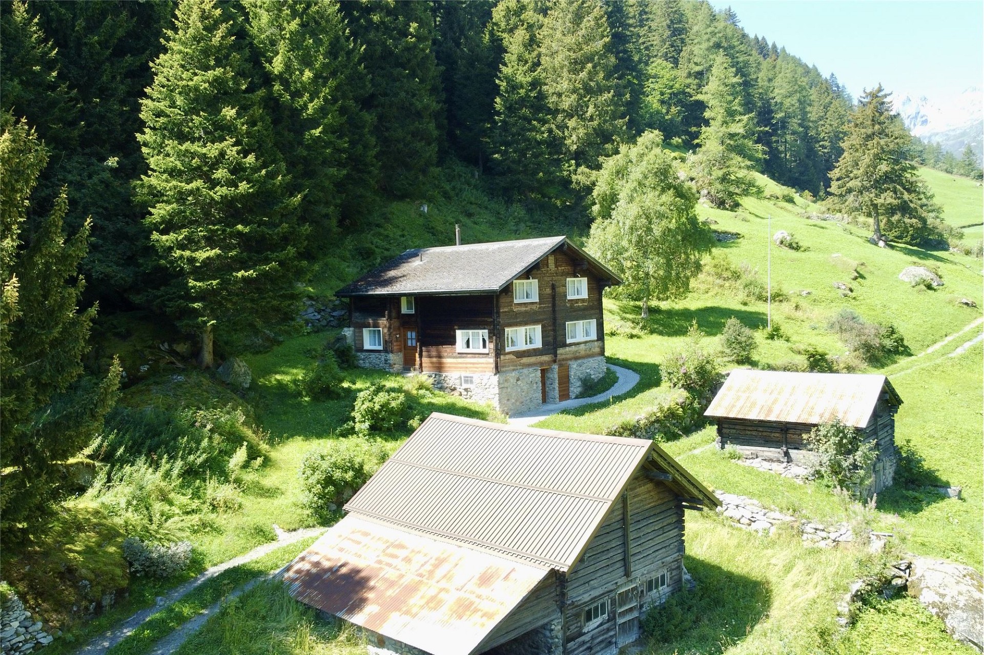 Alpines Holzhaus in Berglandschaft
