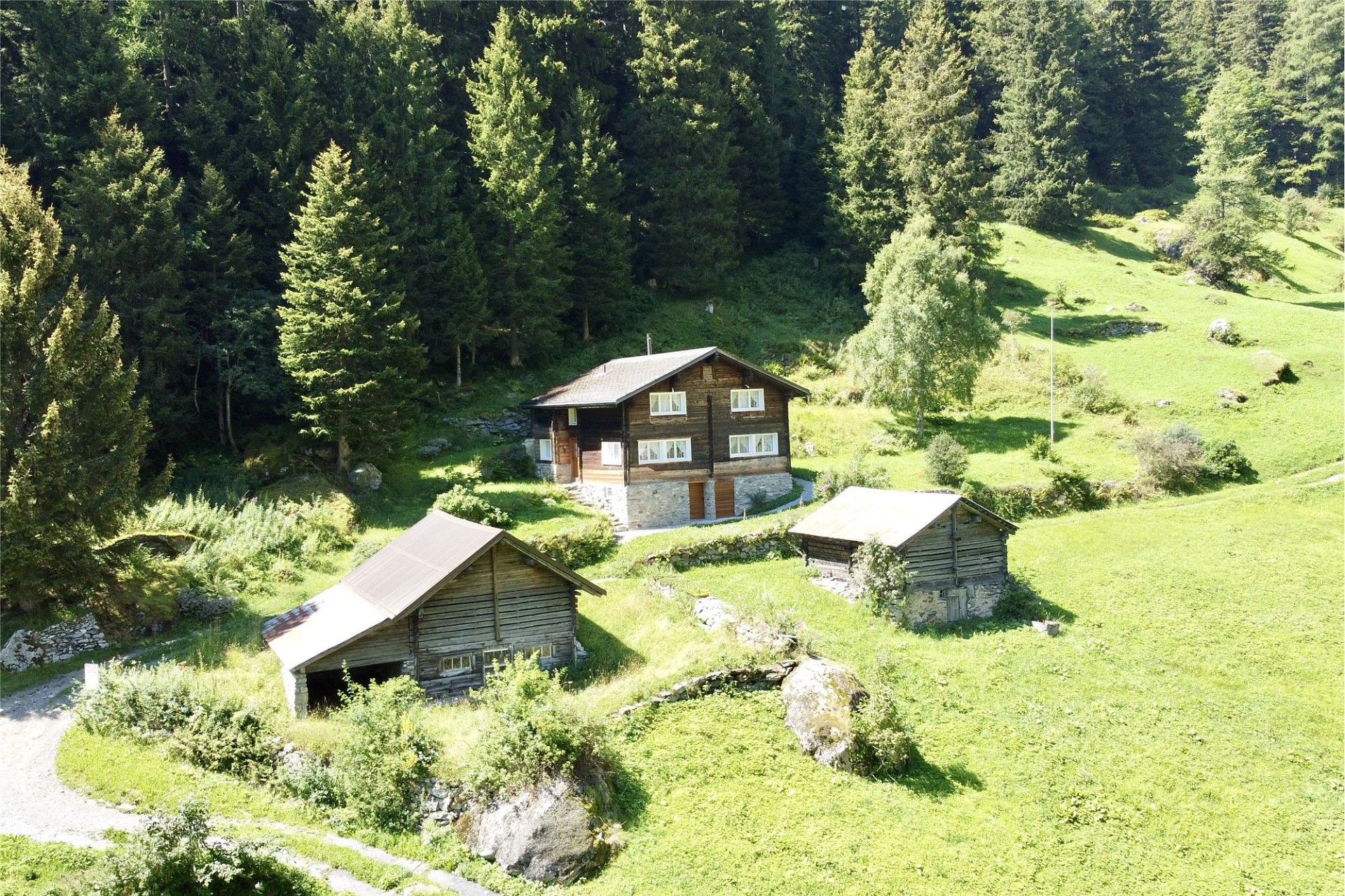 Alpines Anwesen mit Holzhaus und Nebengebäuden