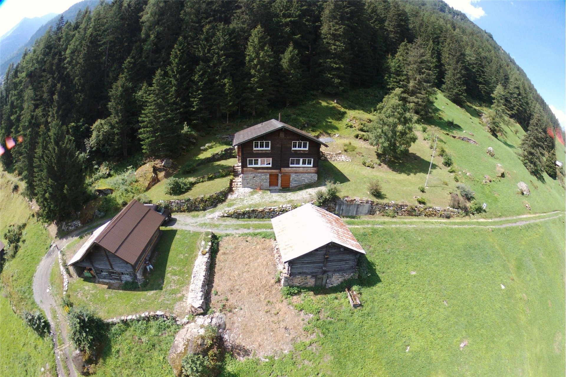 Alpine Hütte auf grüner Bergwiese