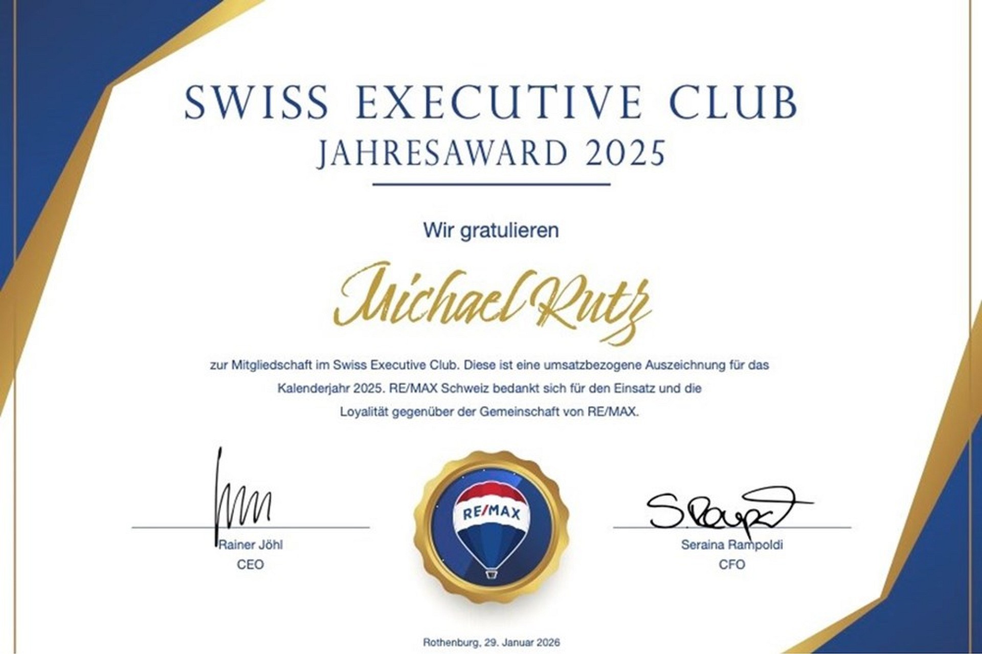 Auszeichnung mit Swiss Executive Club Jahresaward 2025