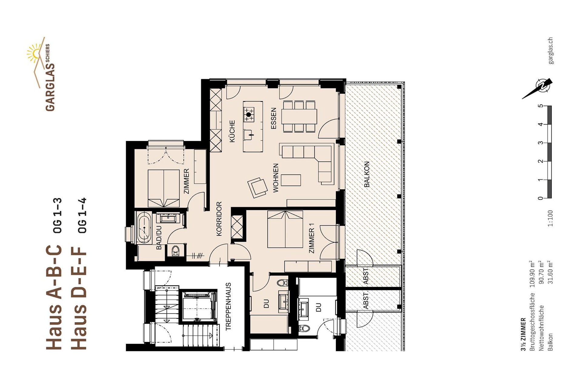 Grundriss einer 3½-Zimmer-Wohnung mit Balkon