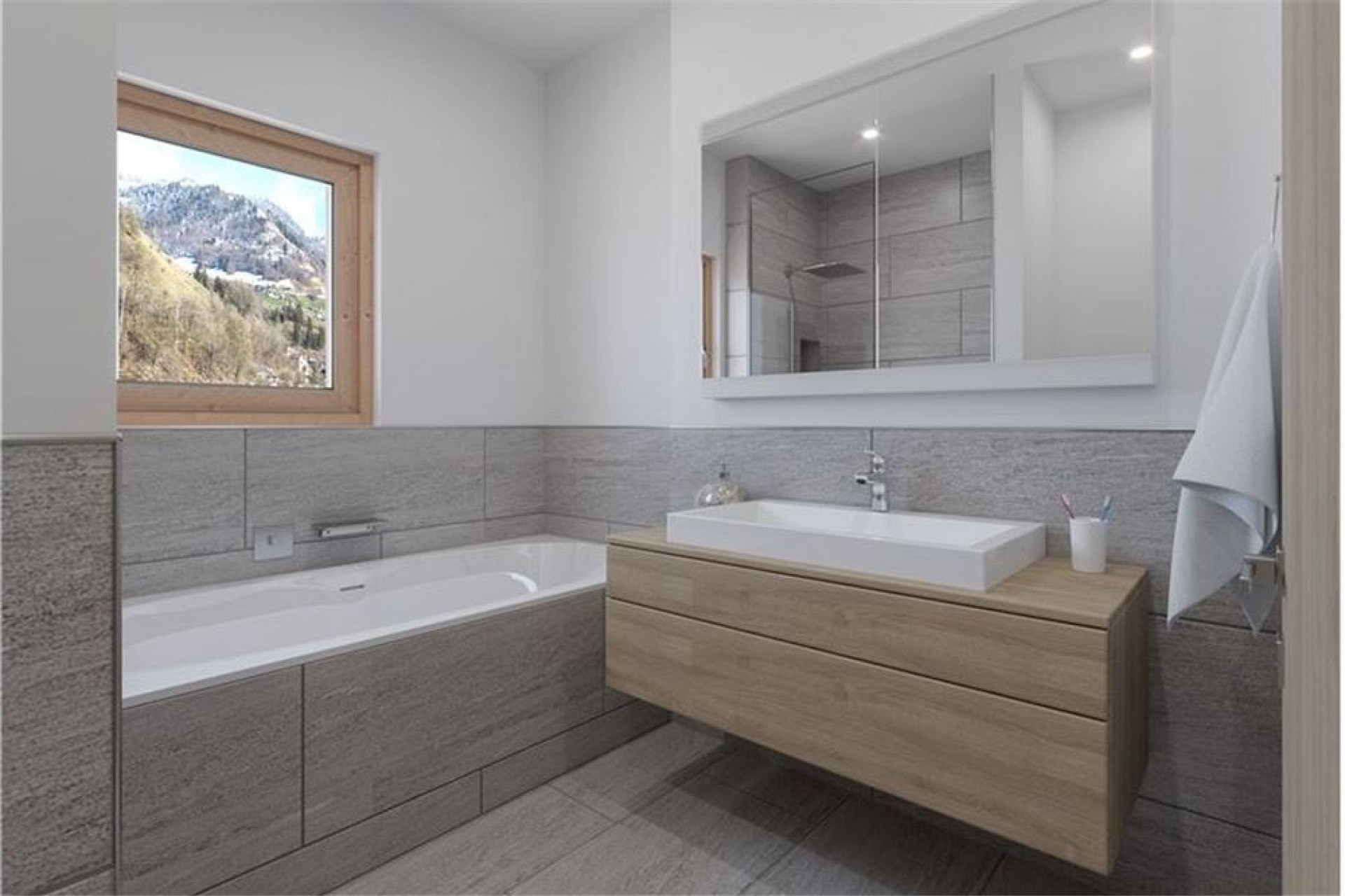 Modernes Badezimmer mit Bergblick