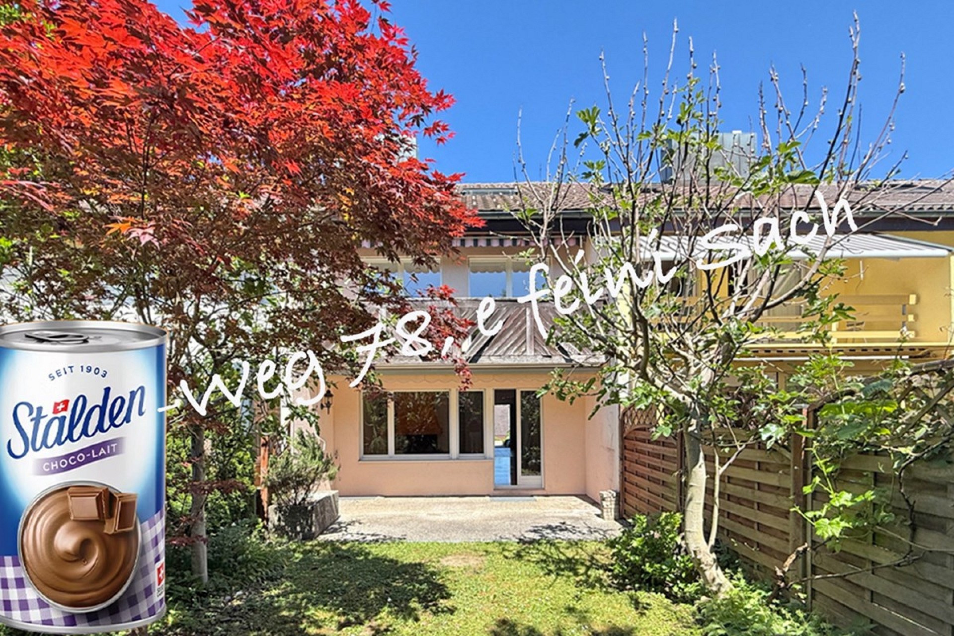 Wohnhaus mit Garten und deutlich sichtbarem Werbe-Overlay