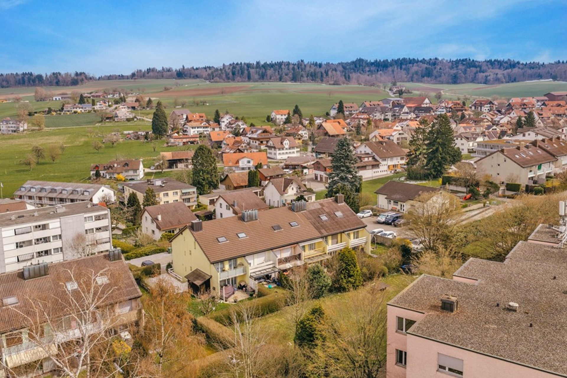 Luftaufnahme einer Wohnsiedlung im Grünen