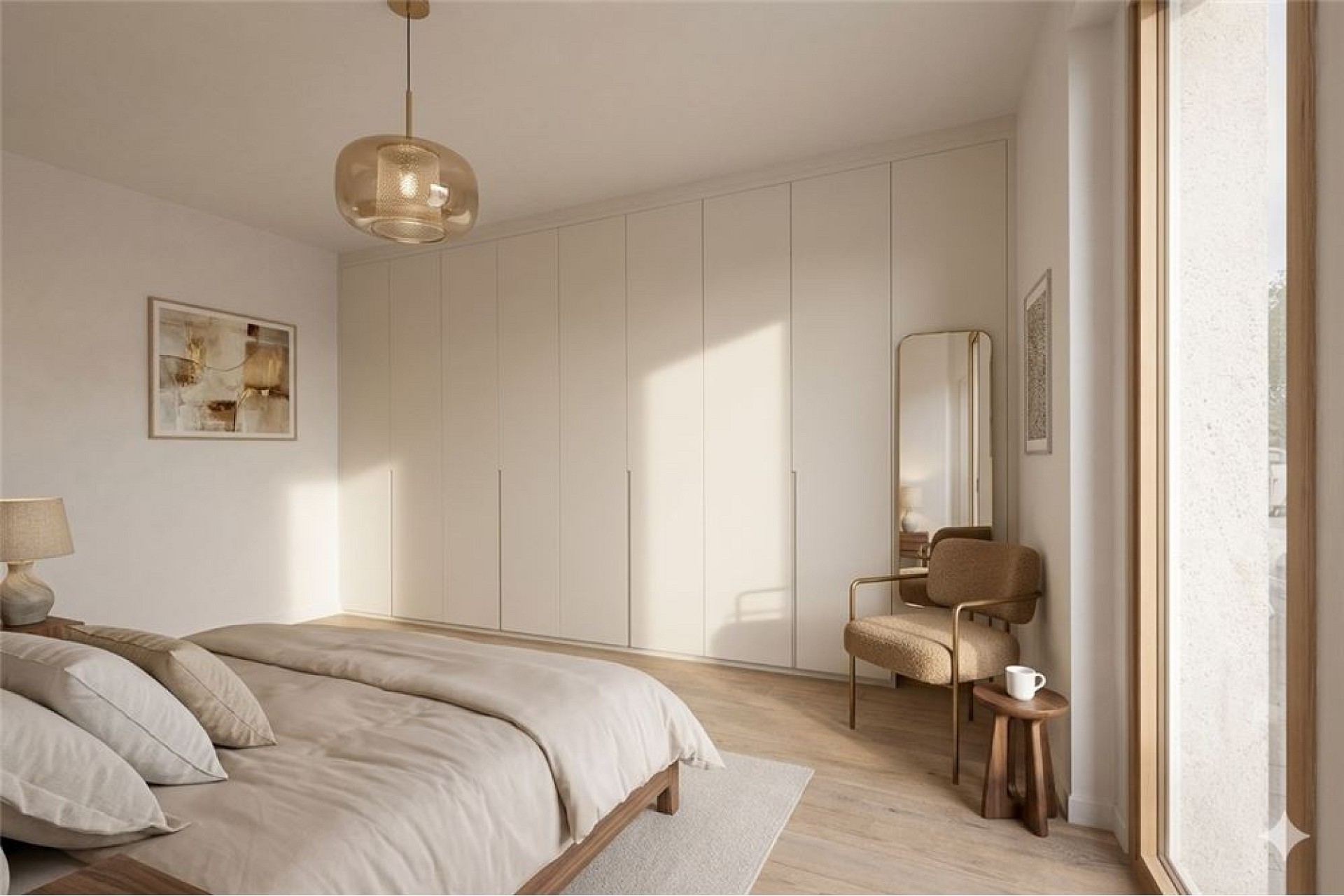 Helles, minimalistisches Schlafzimmer mit Einbauschrank