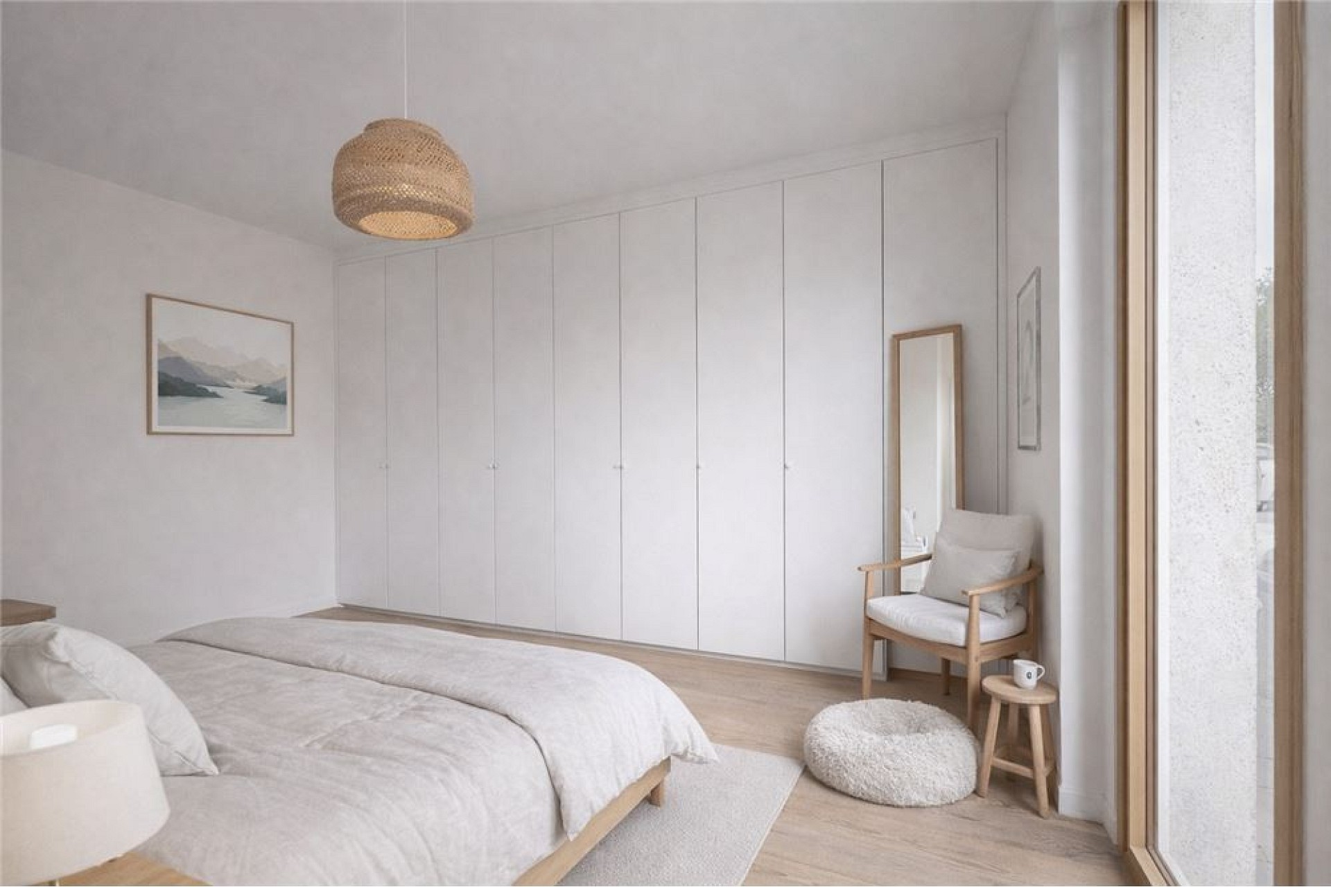 Minimalistisches Schlafzimmer mit Einbauschrank