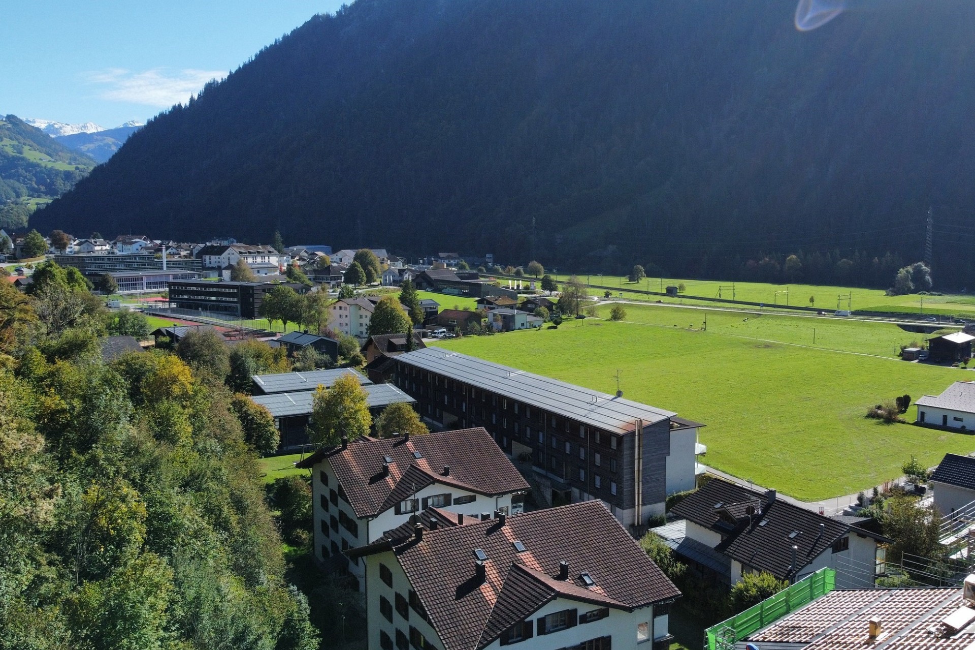 Alpenort mit Wohnhäusern und grüner Talebene